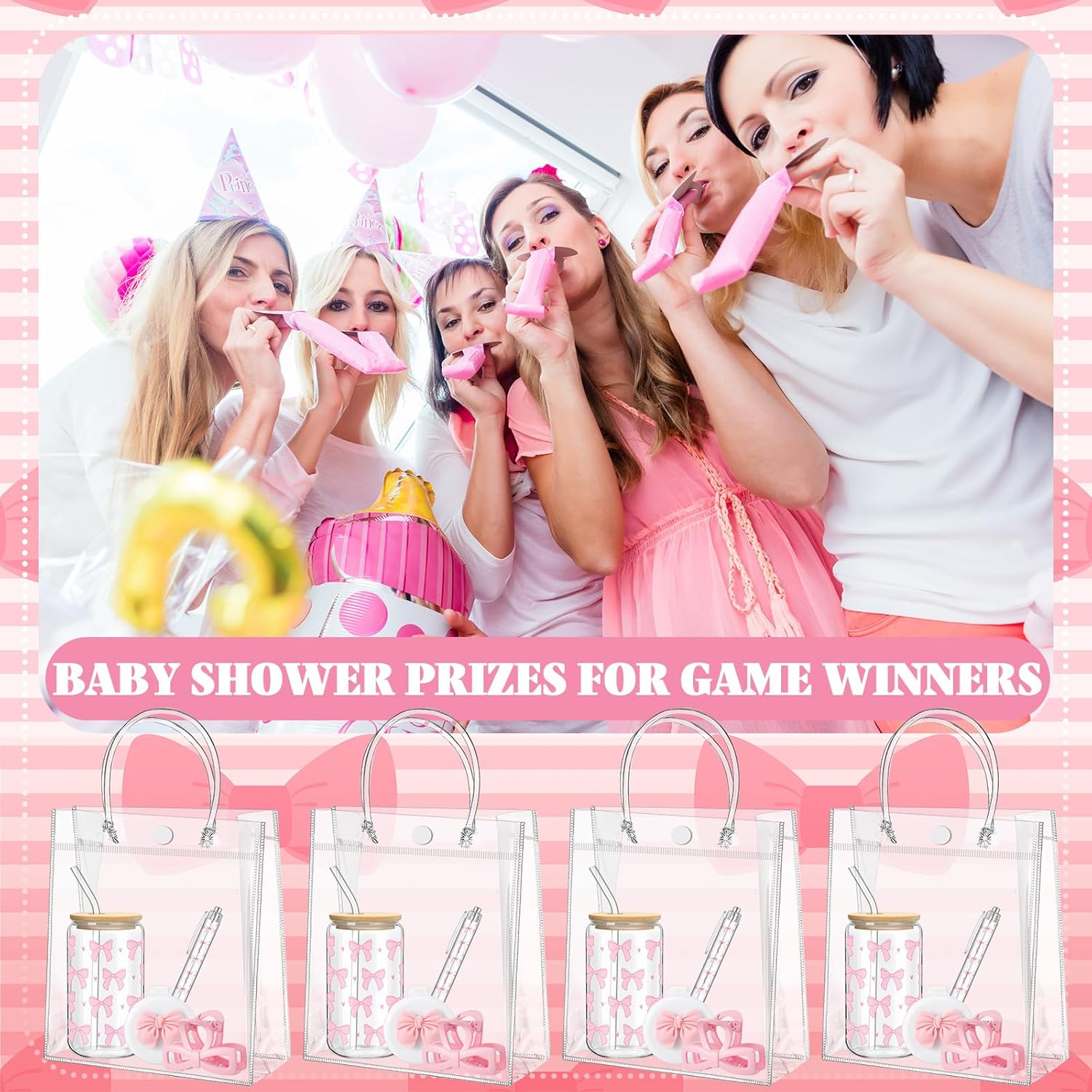 6 Set Bridal Shower Game Prizes For Player Winners Pink Bow 17 Oz Tumblers With Lids Straws Pink Bow Mirrors Pens Hair Clips Gift Bags For Bridal Shower Wedding Party Supplies