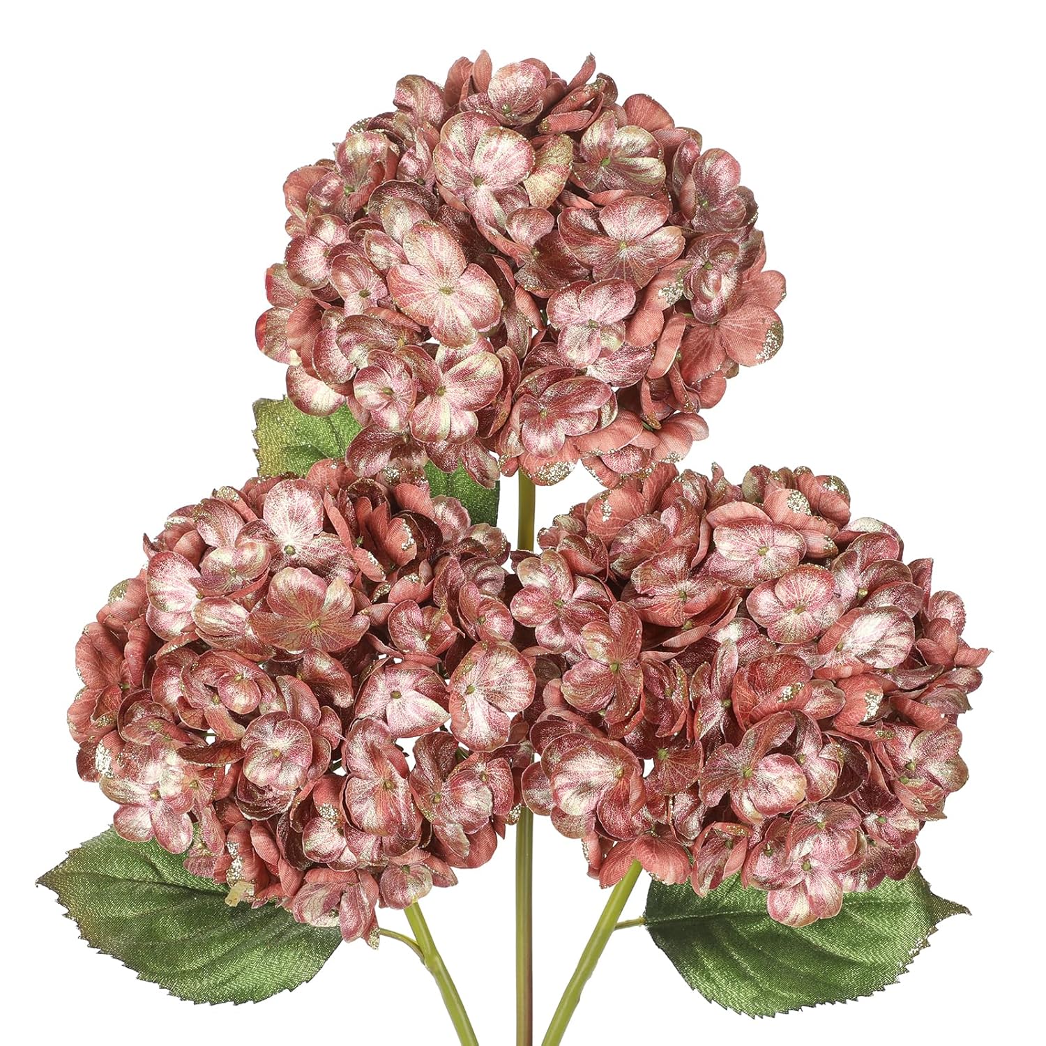 3Pcs Christmas Flowers Artificial Hydrangea Flowers With Stems 23Inch Glitter Fake Hydrangea Flower Pink Floral Arrangements Bouquets Xmas Faux Hydrangea Wedding Christmas Tree Home Decor