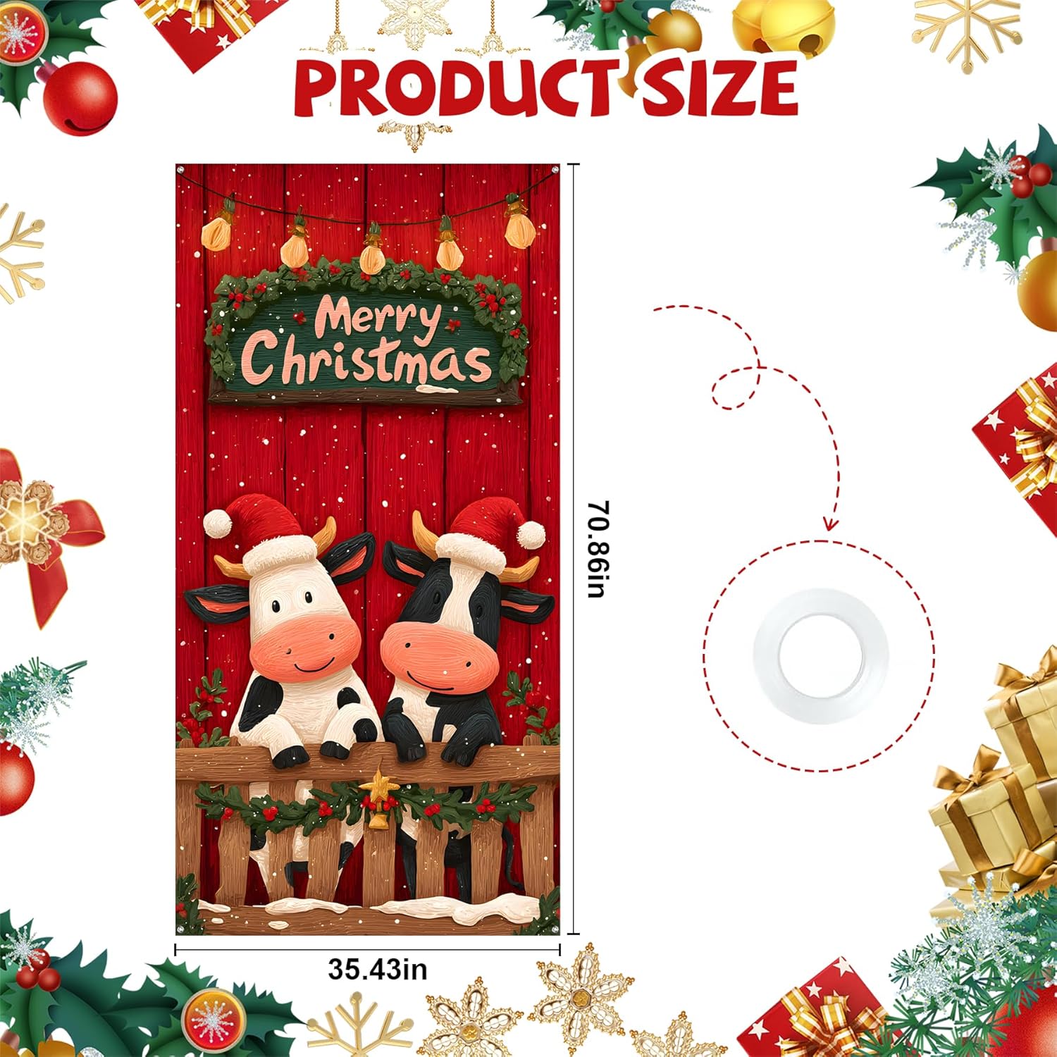 Christmas Door Cover, 35.4 X 70.8 Inch Merry Christmas Door Cover Hanging Banner Backdrop Xmas Winter Holiday Decor For Front Door, Two Cows