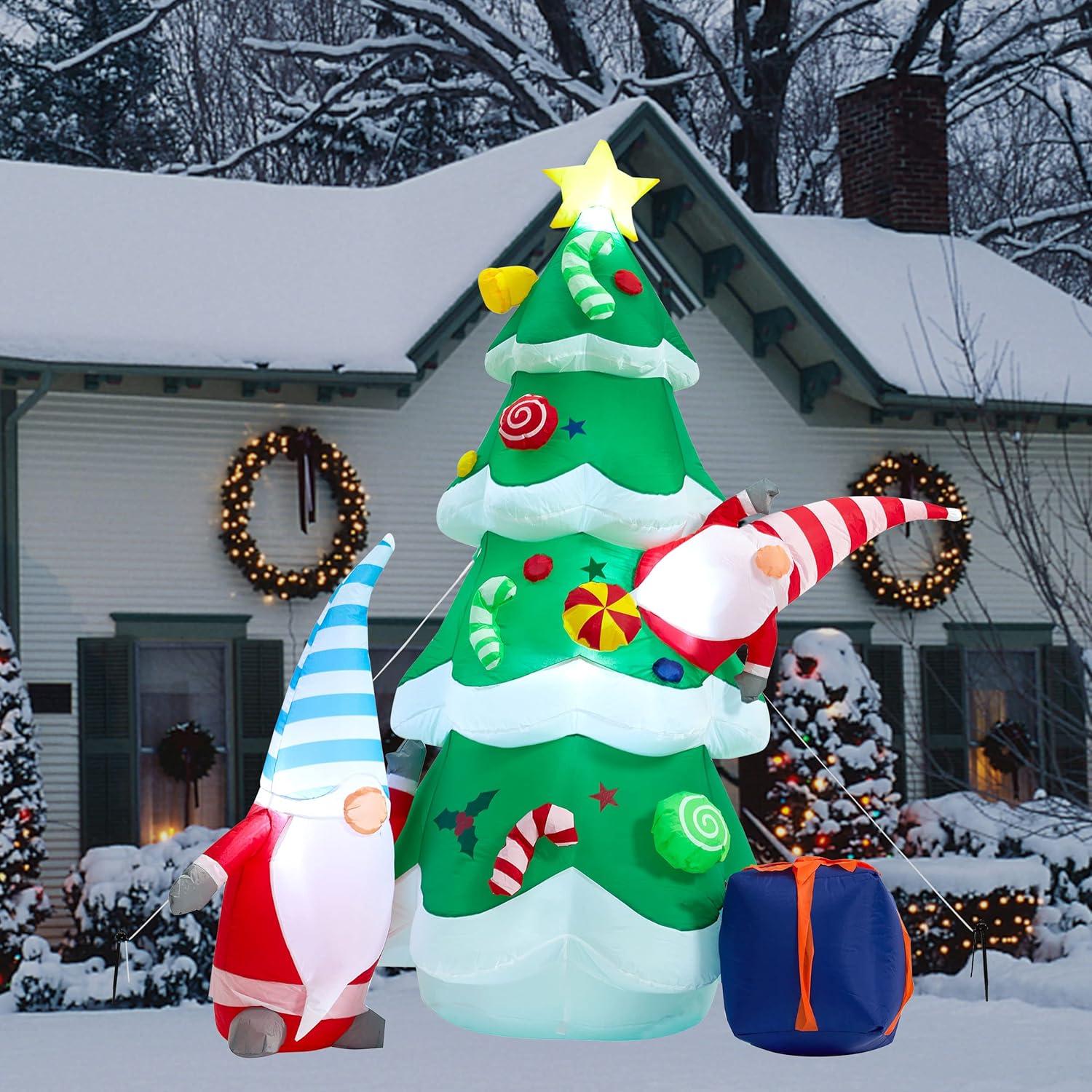 Christmas Inflatable Tree, 7 Ft Giant Lighted Christmas Blow Up Santa Claus With Gift Box For Indoor Outdoor Yard Garden