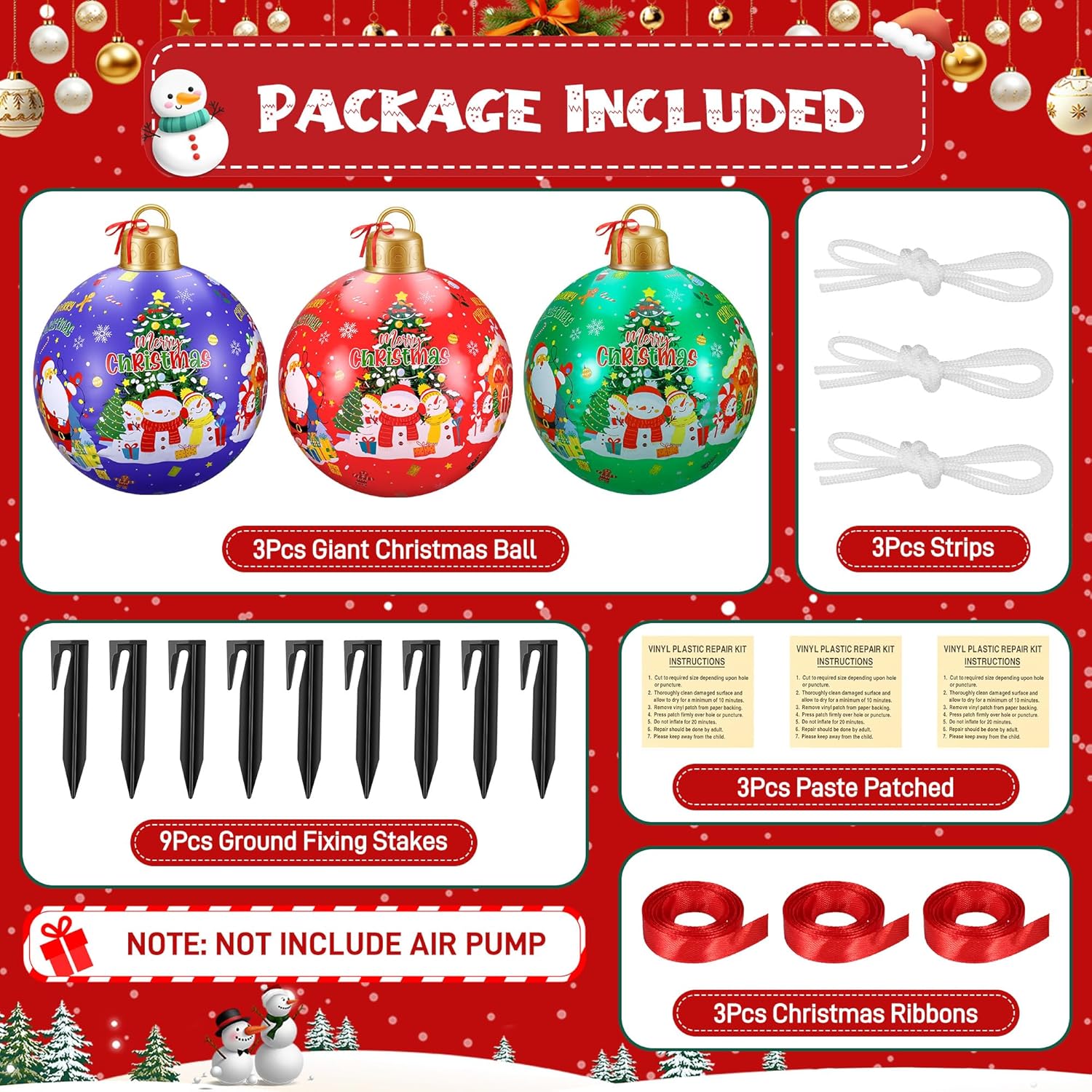 3 Pcs 24 Inch Giant Inflatable Christmas Balls, Large Outdoor Christmas Pvc Ornaments, Big Ball Decorations For Yard Out