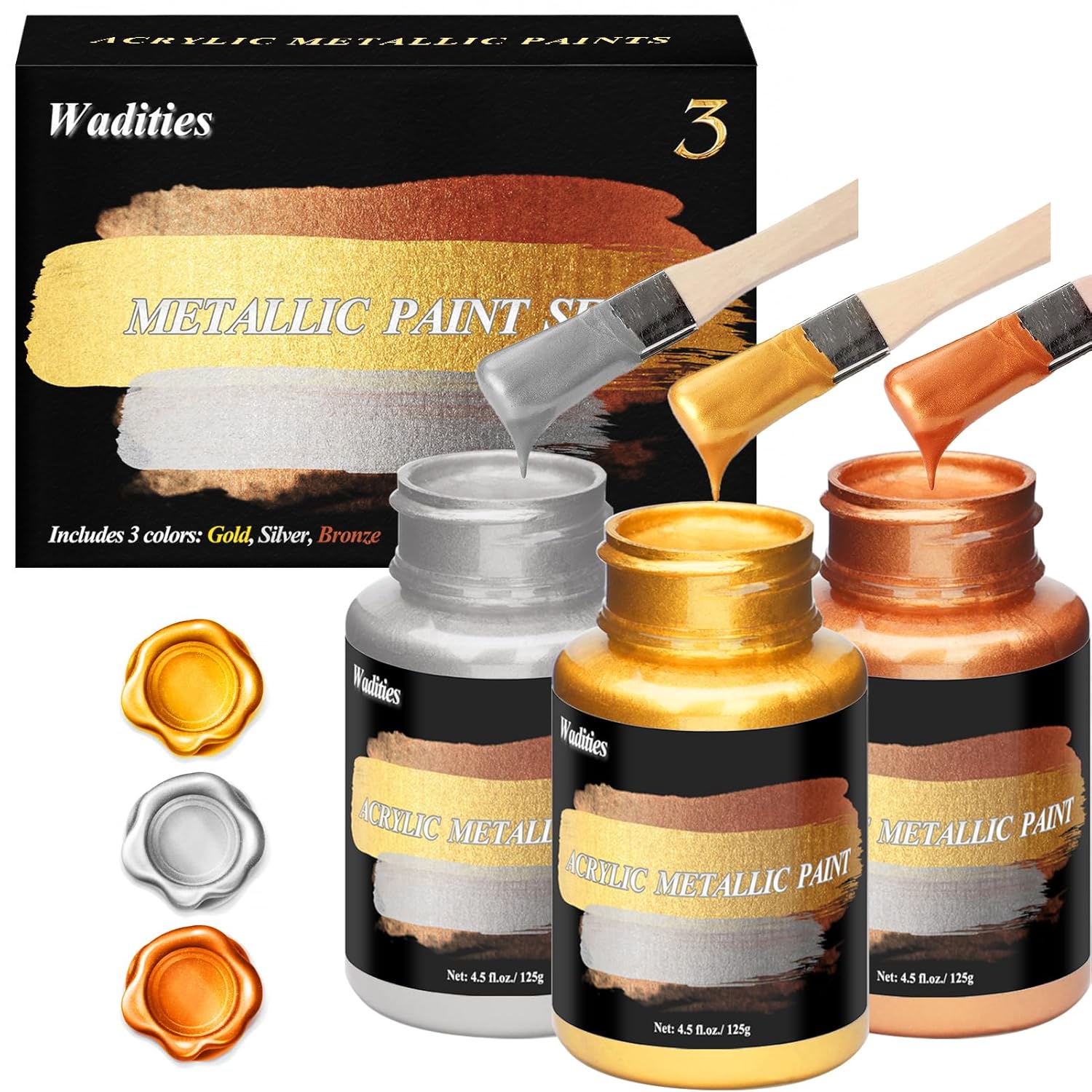Acrylic Paint Metallic, 3Pcs 13.5Oz(375G) Gold & Silver & Bronze, Gold Leaf Paint For Art Painting, Ideal For Canvas, Wood, Clay, Fabric, Ceramic, Stone, Glass Craft Supplies