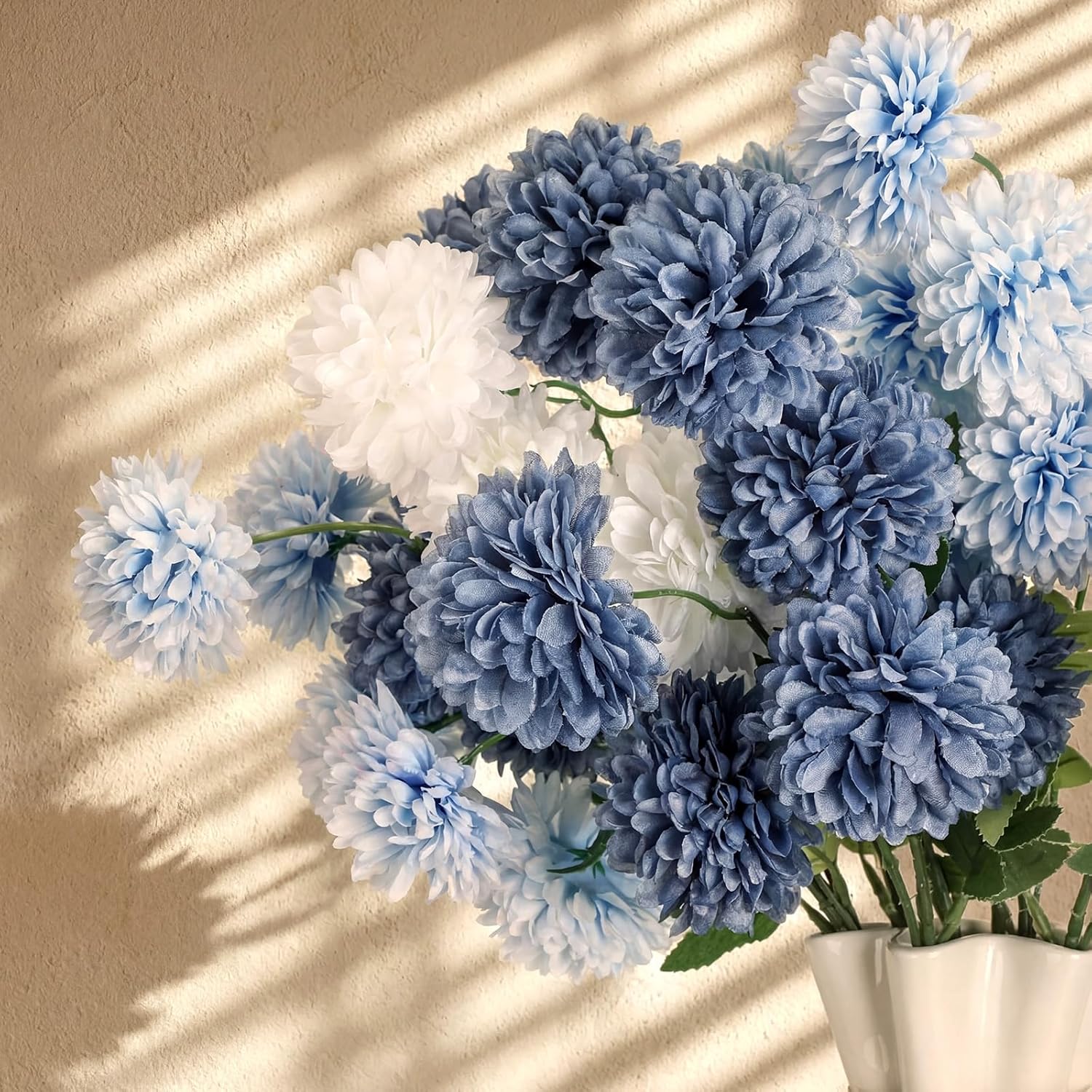 8Pcs 21In Navy Blue Artificial Chrysanthemum Silk Mum Flowers With 5 Heads Ball Faux Kiku Flower Pompom Floral For Spring Summer Table Centerpieces Home Indoor Decoration(White And Navy Blue)