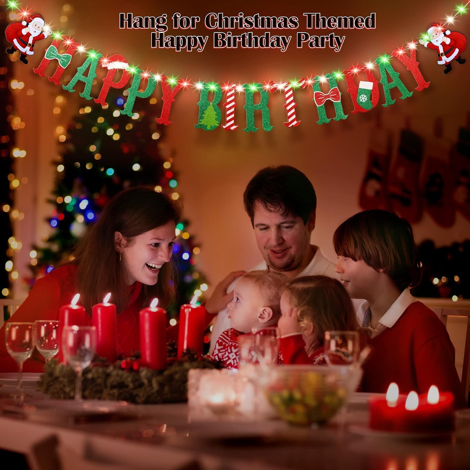 Happy Birthday Party Banner With Light, Christmas Birthday Party Decoration With 8 Modes Flashing String Light For Kids Christmas Birthday Party Garland Wall Fireplace Mantle Decor