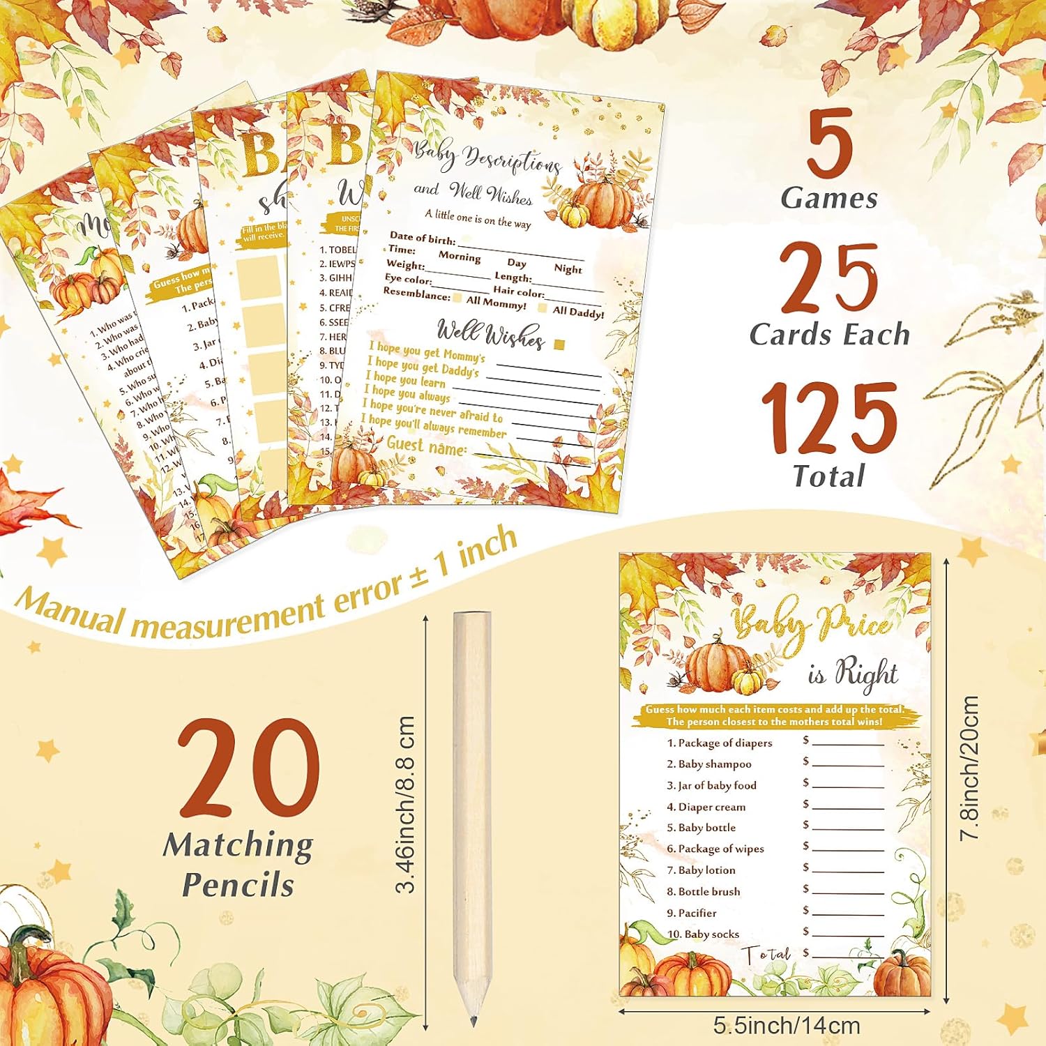 145 Pieces Thanksgiving Baby Shower Party Games Sets, 125 Pumpkin Theme Baby Shower Games Paper Cards With 20 Editable Pencils Gifts For Fall Harvest Family Party Game Supplies
