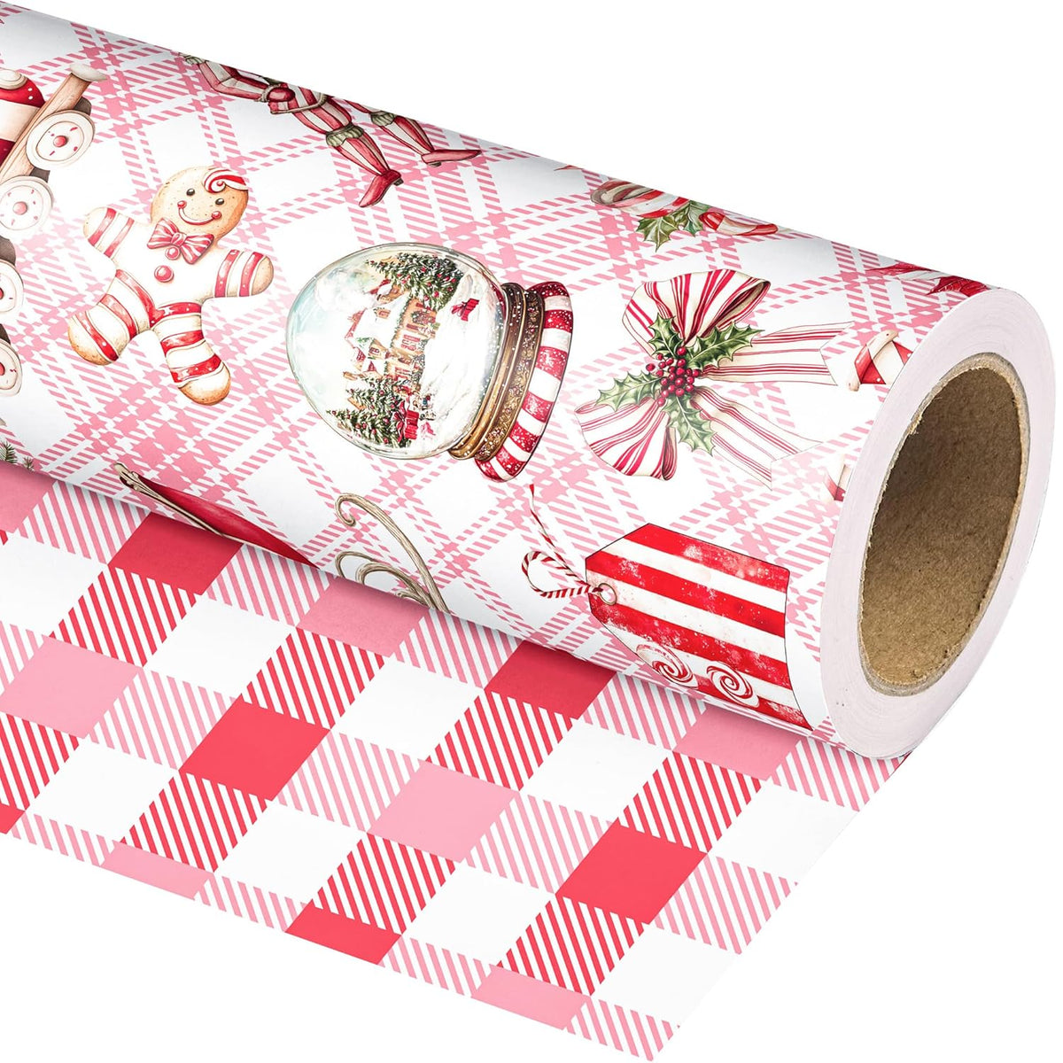 Candy Cane Christmas Wrapping Paper Roll For Kids Girls Women - Red Plaid Bow Design Gift Wrap For Holiday Total 28.5Sq.Ft
