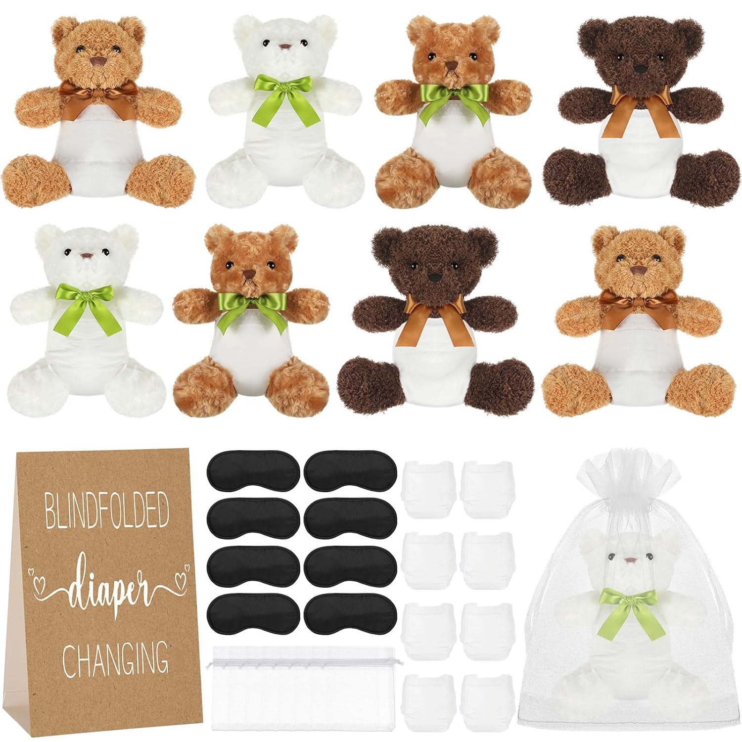 8 Set Bear Blindfolded Diaper Changing Baby Shower Games With Blindfold Changing 12 Inch Bear Dolls Diapers Gift Bags For Baby Shower Gender Reveal Raffle Party Game
