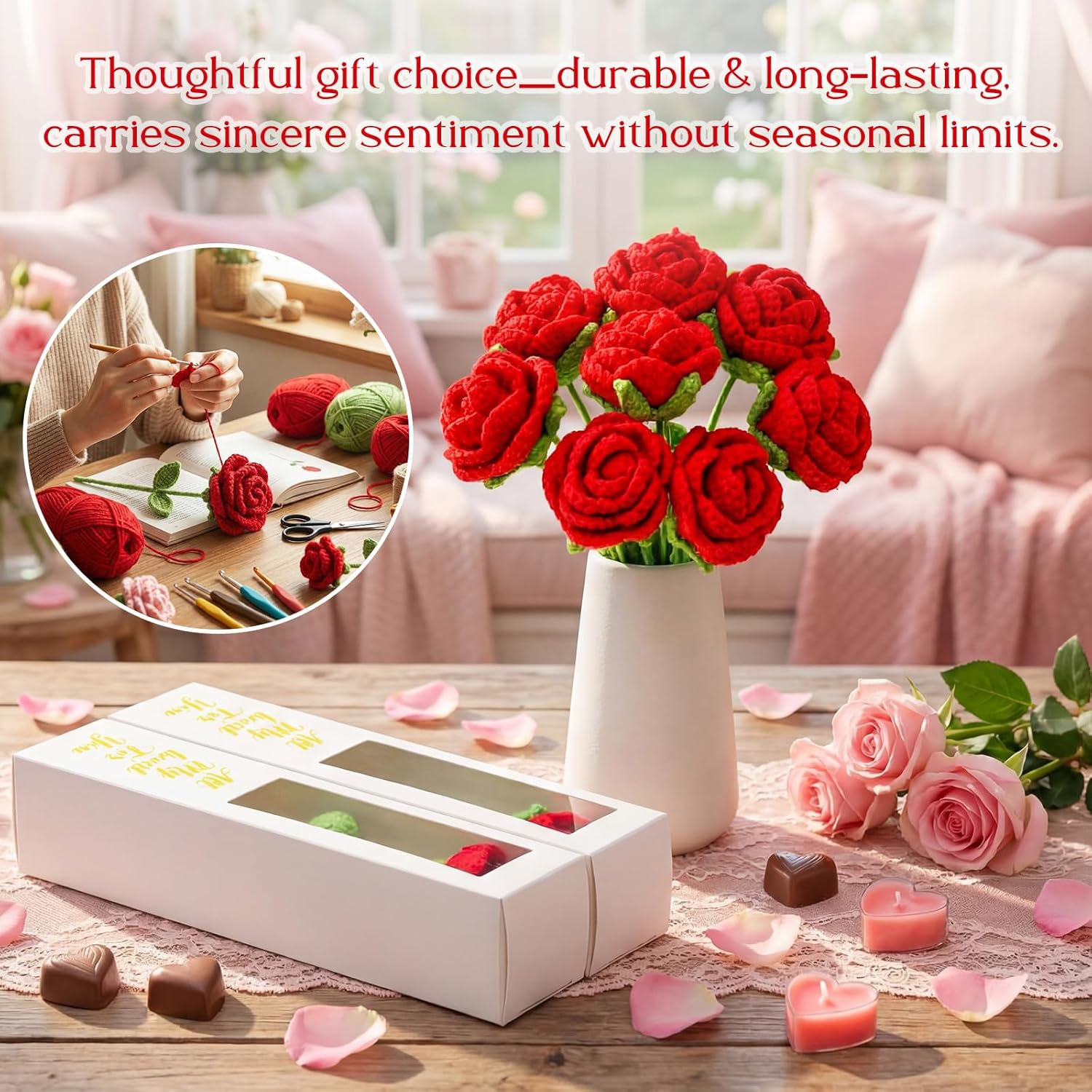 10 Pcs Valentine Crochet Rose With 10 Pcs Gift Wraping Boxs, Handmade Knitted Flowers Artificial Rose Thank You Gifts For Women Girl Teacher Birthday Mother Home Decor Anniversary
