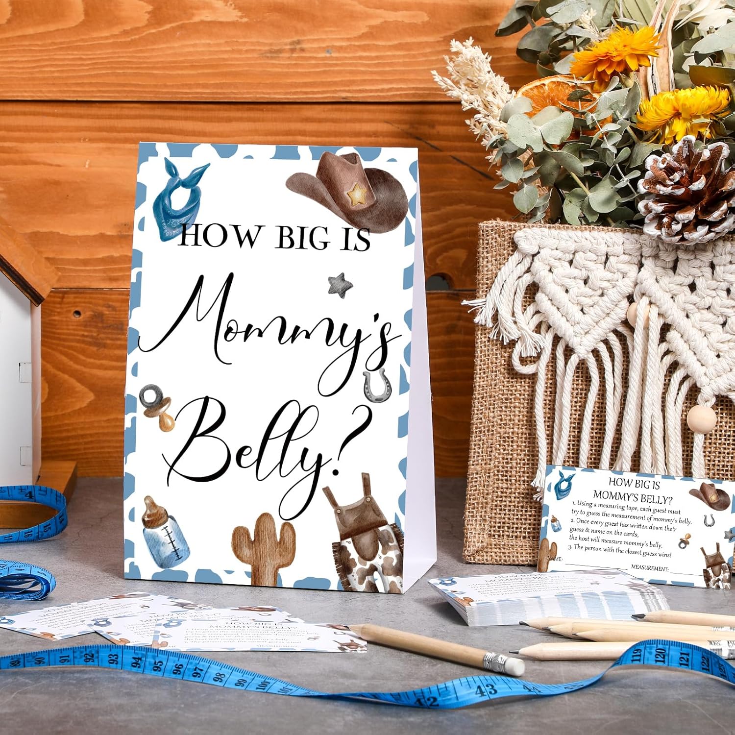 64 Pcs Baby Shower Games Include How Big Is Mommy'S Belly Sign Measure Bump Game 50 Cards 10 Pencils 3 Measuring Tapes For Baby Shower Gender Reveal Party Supplies(Cowboy)