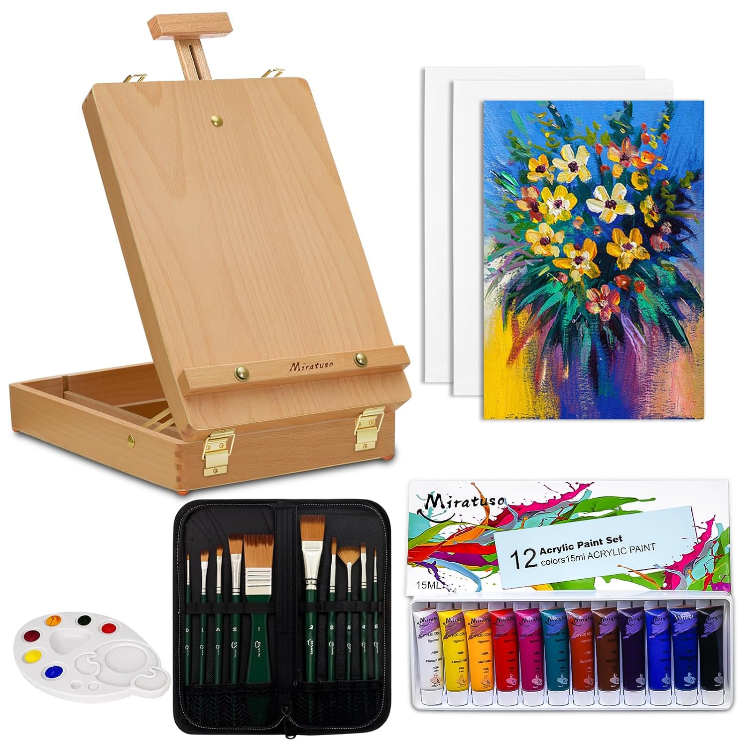 Deluxe Art Supplies 27 Pieces Art Set With Tabletop Easel, 12 Colors Acrylic Paint, 10 Paint Brushes, 3 Canvas Panels, Palettes