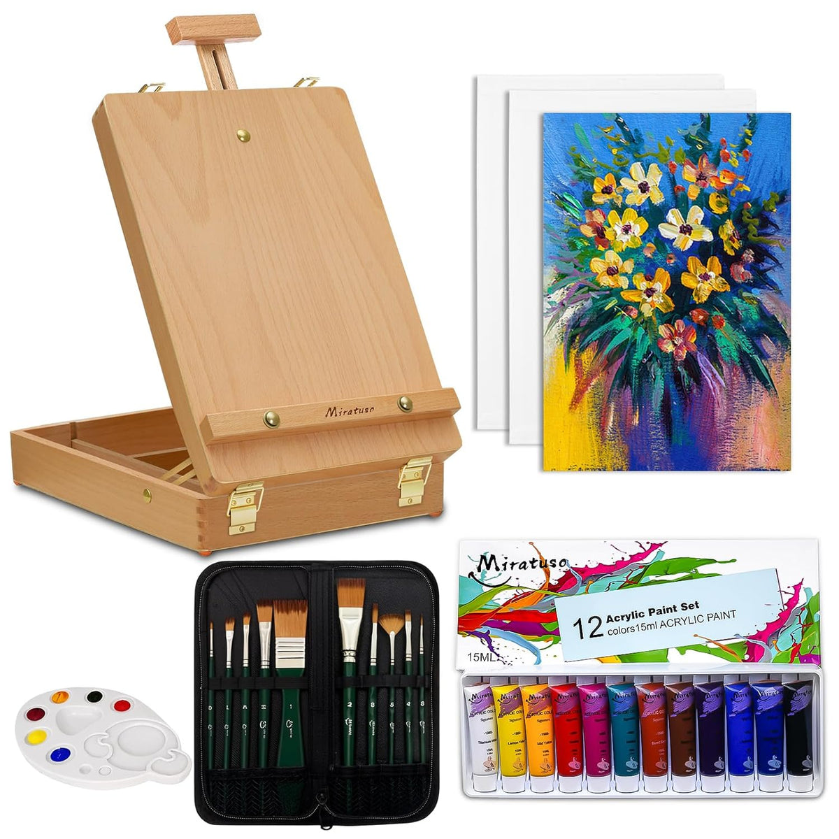 Deluxe Art Supplies 27 Pieces Art Set With Tabletop Easel, 12 Colors Acrylic Paint, 10 Paint Brushes, 3 Canvas Panels, Palettes