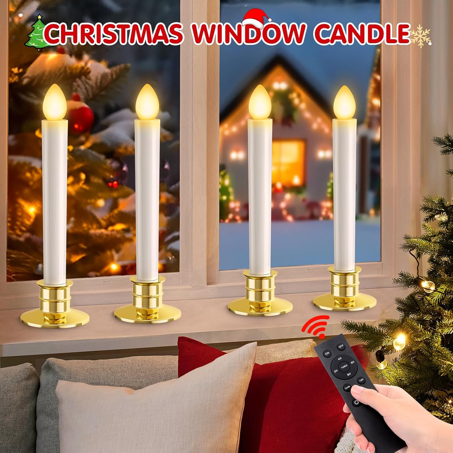 Christmas Window Candles Lights 6 Pack Battery Operated Candles With Remote Control Timer Gold Holders Flameless Candle Taper Led Candle Christmas Decorations Window Decorations Party Xmas Table Top