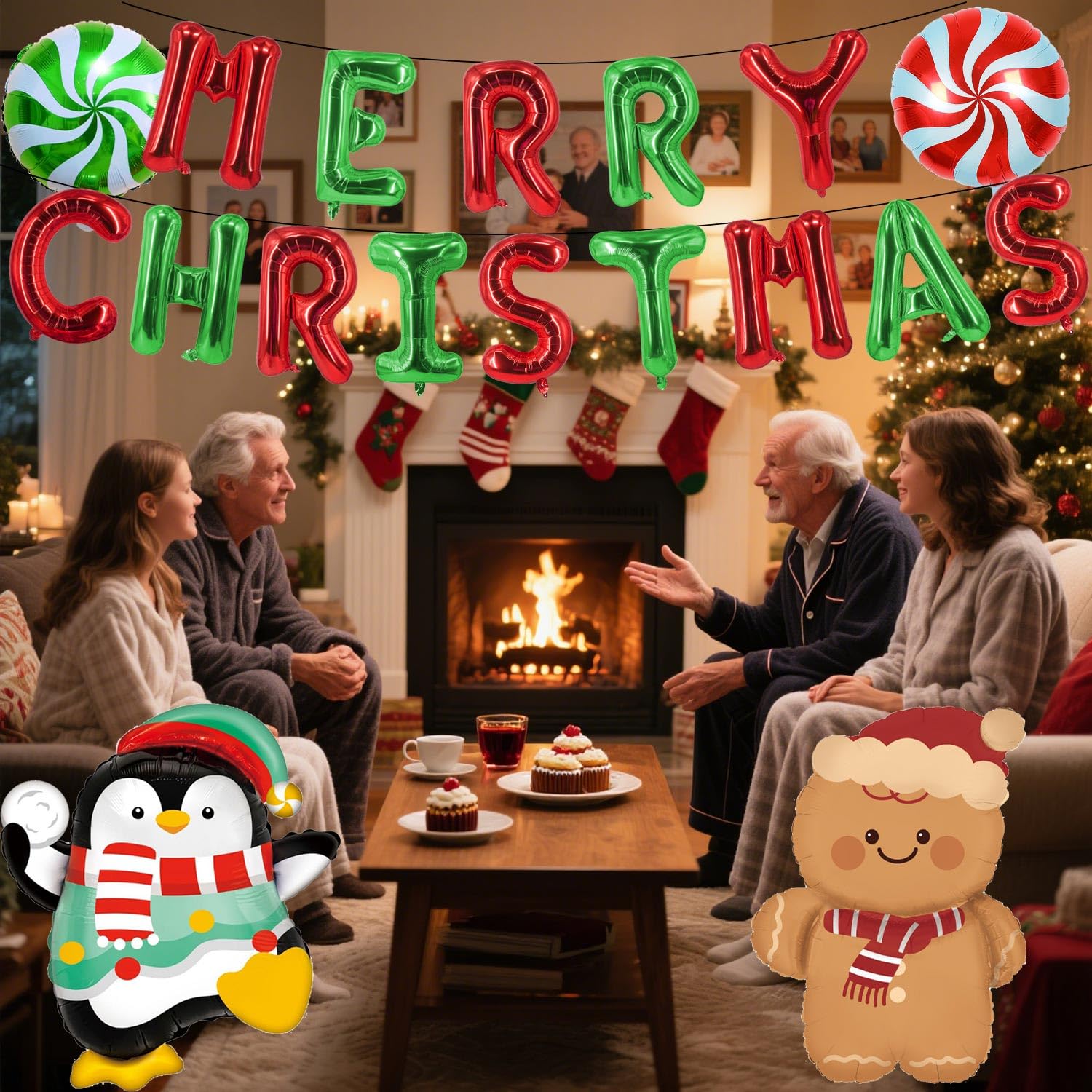 Christmas Foil Balloons Red And Green Merry Christmas Balloons Cute Penguin Candy Lollipop Gingerbread Man Balloon For New Year Themed Party Decorations Xmas Party Supplies Sets-18 Pcs