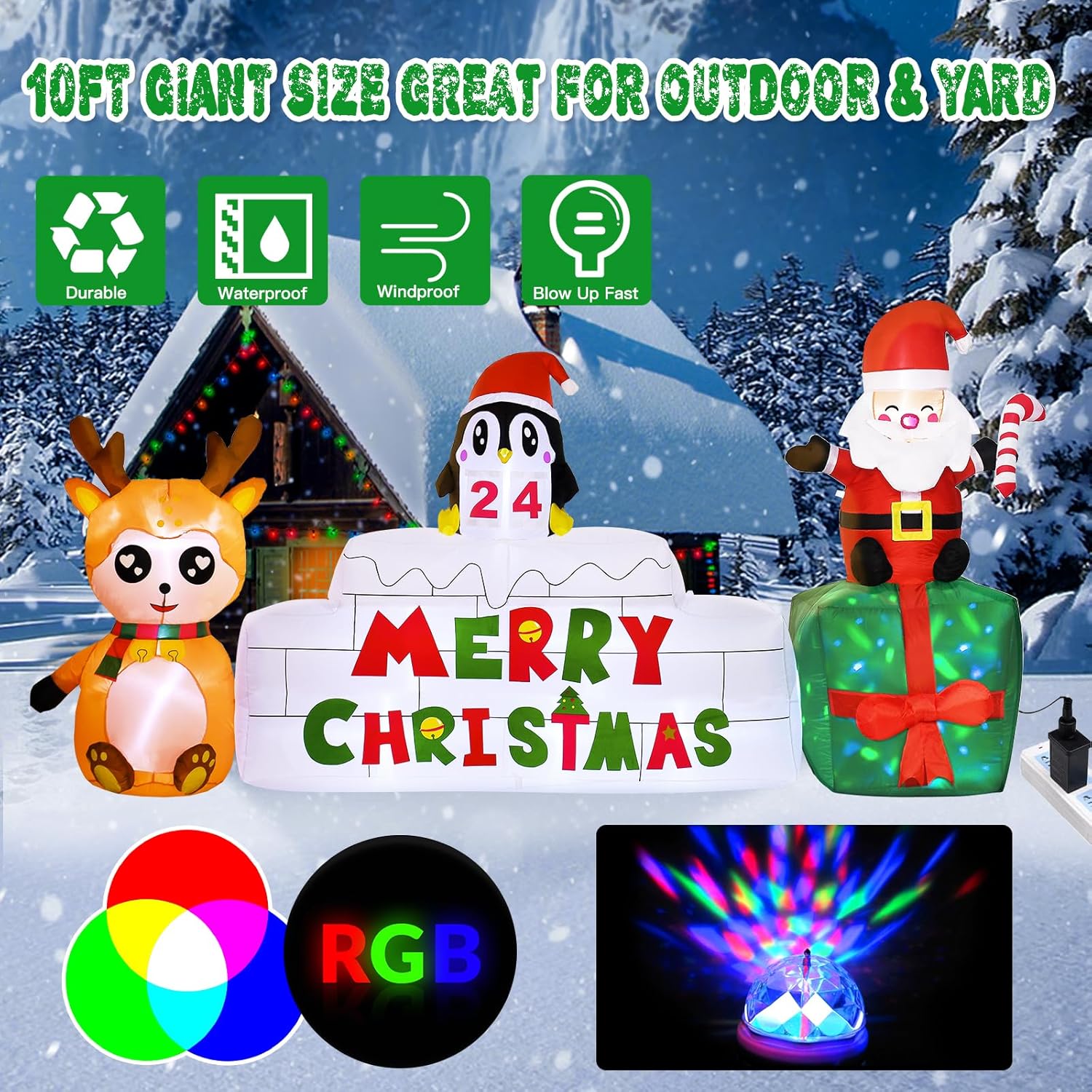 10 Ft Christmas Inflatables Outdoor Decorations Countdown Xmas Blow Up Yard Decorations, Reindeer Santa Inflatables Buil