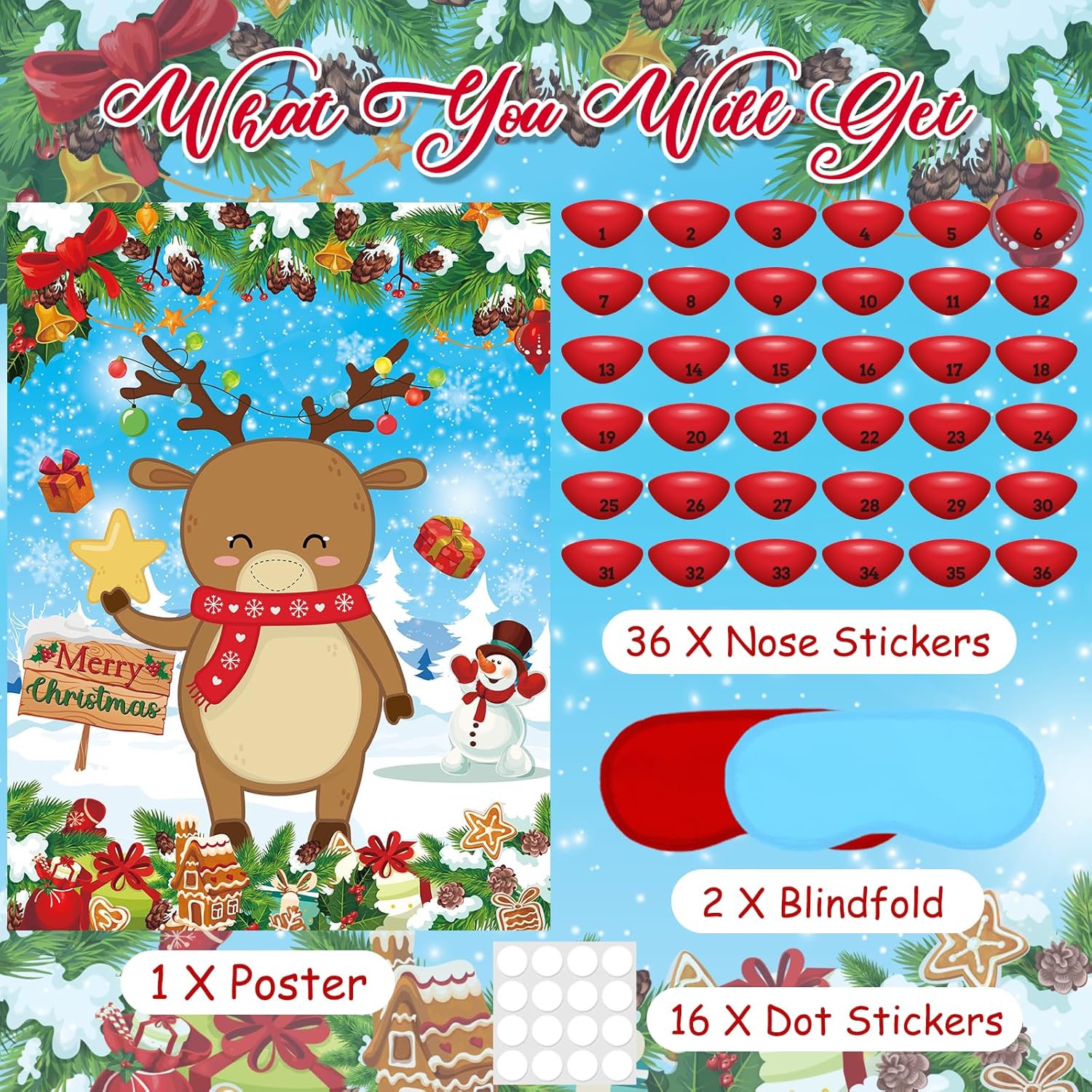 Pin The Nose On The Reindeer Christmas Party Games, Christmas Activities Include Large Poster With Blindfold 36Pcs Nose Stickers For Xmas Holiday Favors Birthday Party Supplies
