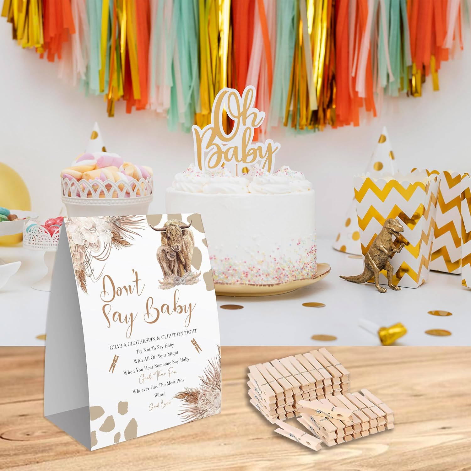 Don'T Say Baby Game For Baby Shower, 50 Wooden Clothespins And One Sign, Boho Cow Theme, Pins For Baby Shower Decorations, Boy Baby Shower, Baby Shower Supplies-Bb29