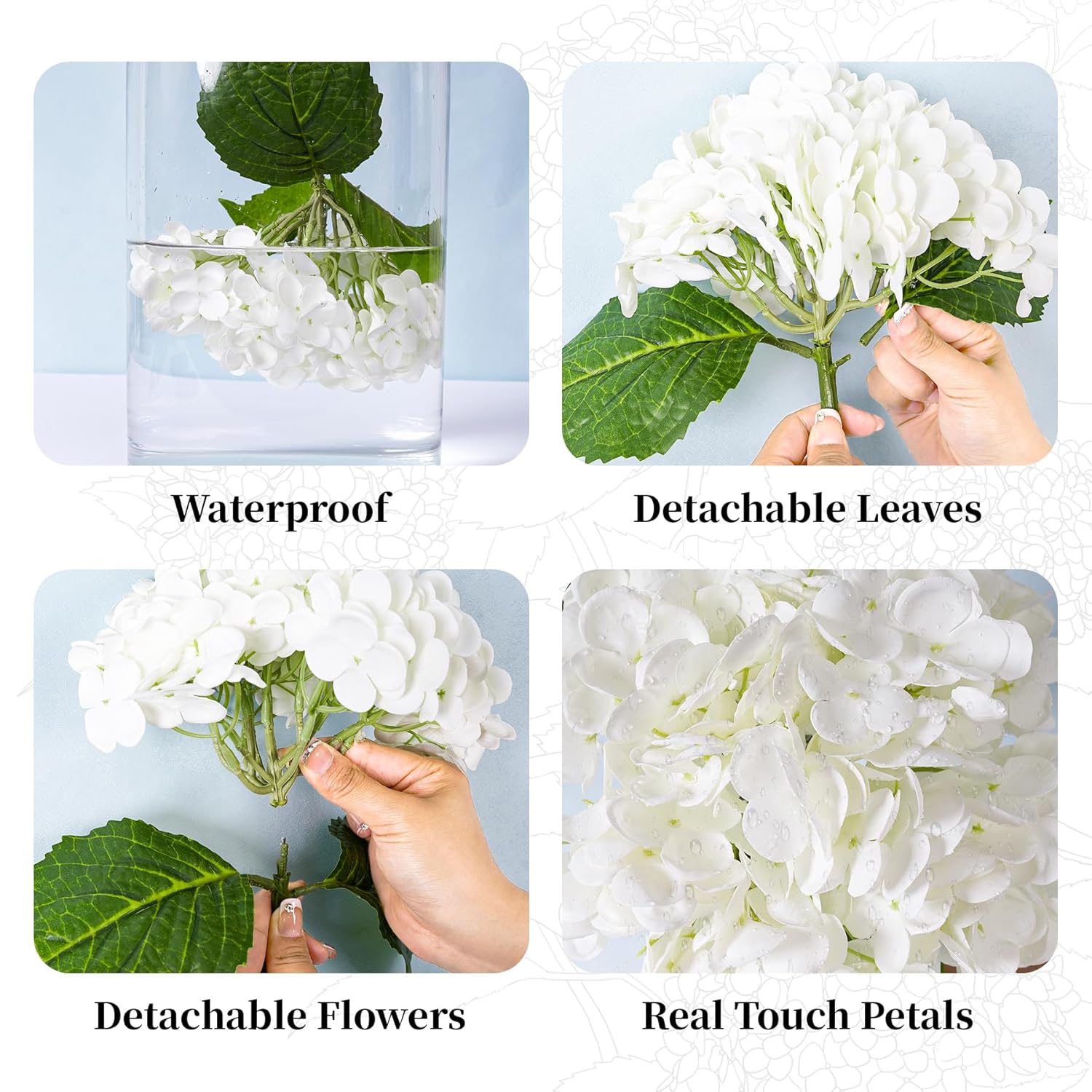 3 Pcs White Hydrangea Artificial Flowers 21" Realistic Latex Faux Hydrangeas Flowers Real Touch Full Heads, Lifelike Long Stem & Leaves For Wedding Outdoor Table Centerpieces Home Party Decoration