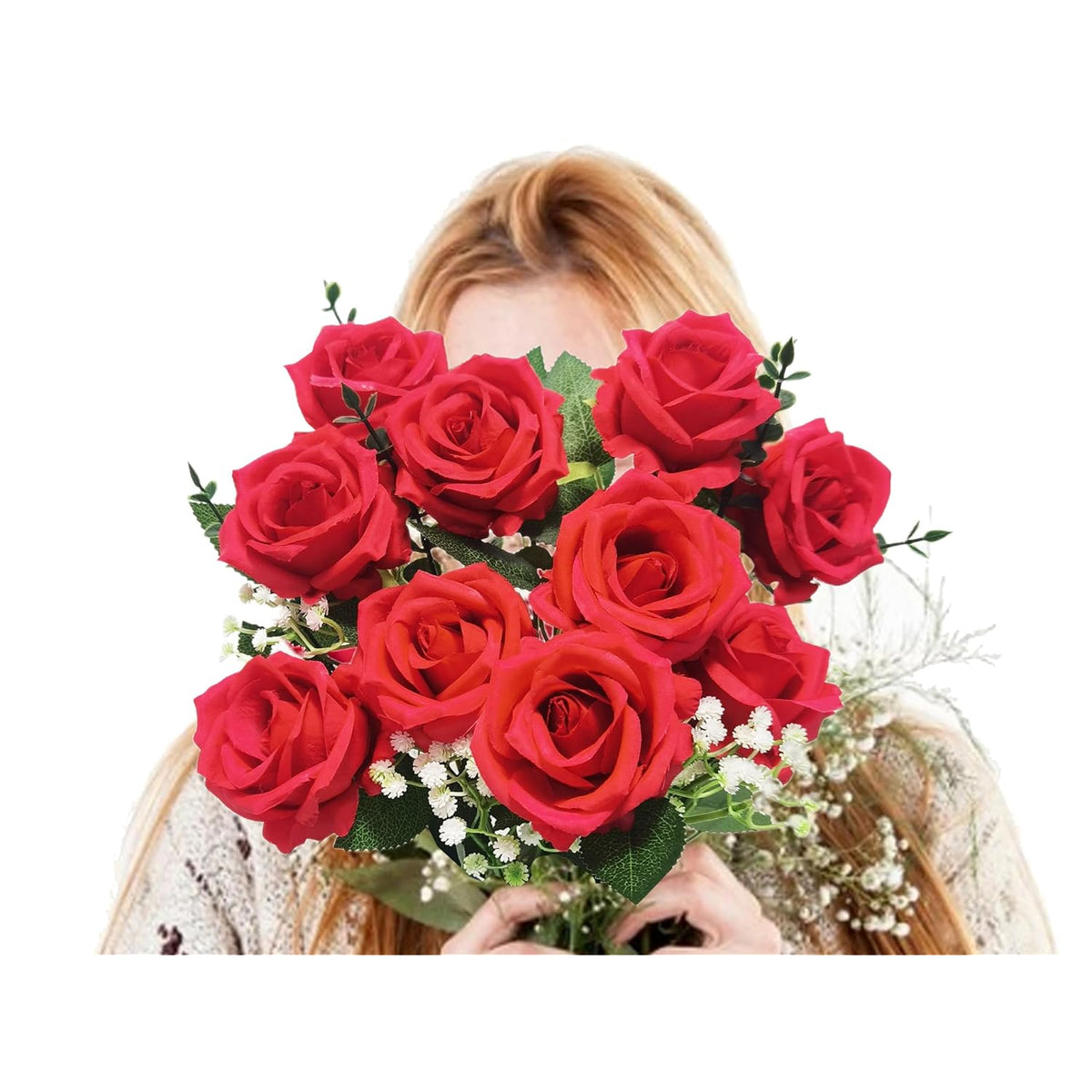 10 Stems Artificial Roses Bouquet With 4Pcs Artificial Baby'S Breath 6Pcs Artificial Eucalyptus Leaves Stems, For Silk Floral Arrangement Or Space Decoration (Red)