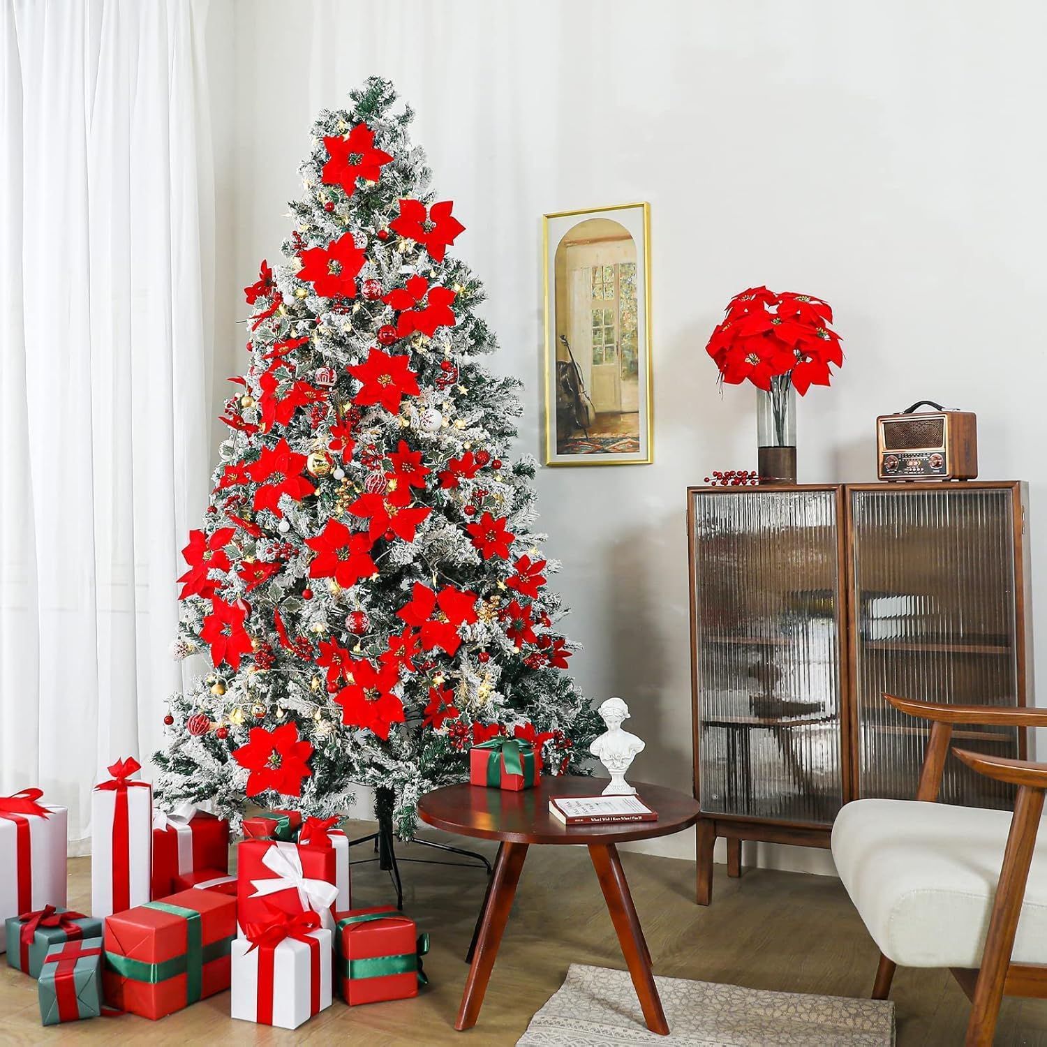 Poinsettias Artificial Christmas Flowers Decorations - 3 Pcs Big Artificial Red Poinsettia Flowers For Christmas Tree,Fake Poinsettia 7.87" With Stems 7 Heads Big Red Flowers For Home Xmas Tree Decor