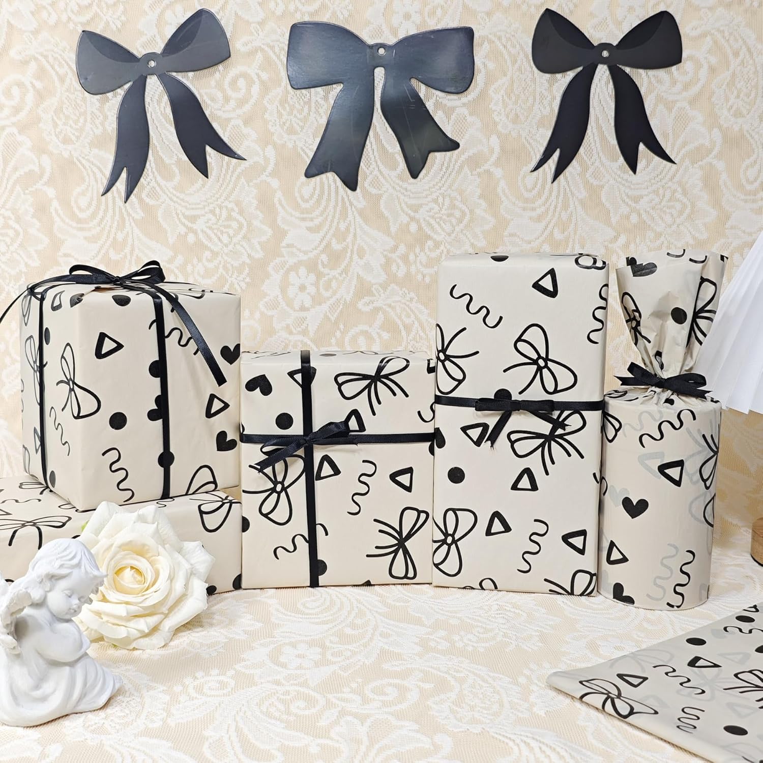 Kraft Brown Tissue Paper, Black Bow Gift Wrapping Tissue Paper For Gift Bags Packaging, Modern Hand-Drawn Style Tan Art Tissue For Birthday Holiday Wedding Diy Project Craft Decor,30 Sheets 20X14 Inch