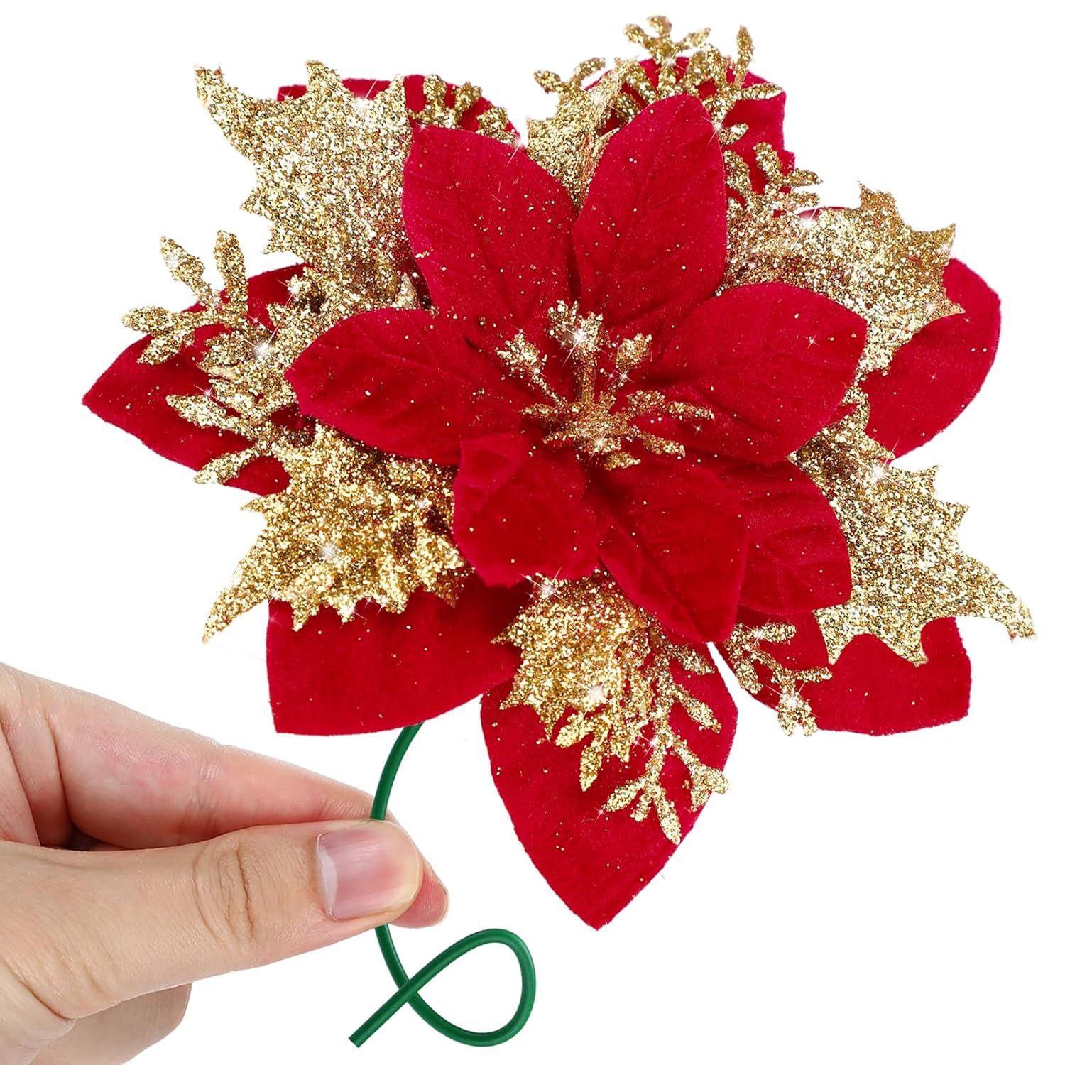12Pcs Velvet Christmas Decorations Poinsettia Artificial Flowers - 5.5'' Red Glittery Poinsettia With Picks Christmas Tree Garland Ornaments For Xmas Party Wedding Table Centerpieces Decor