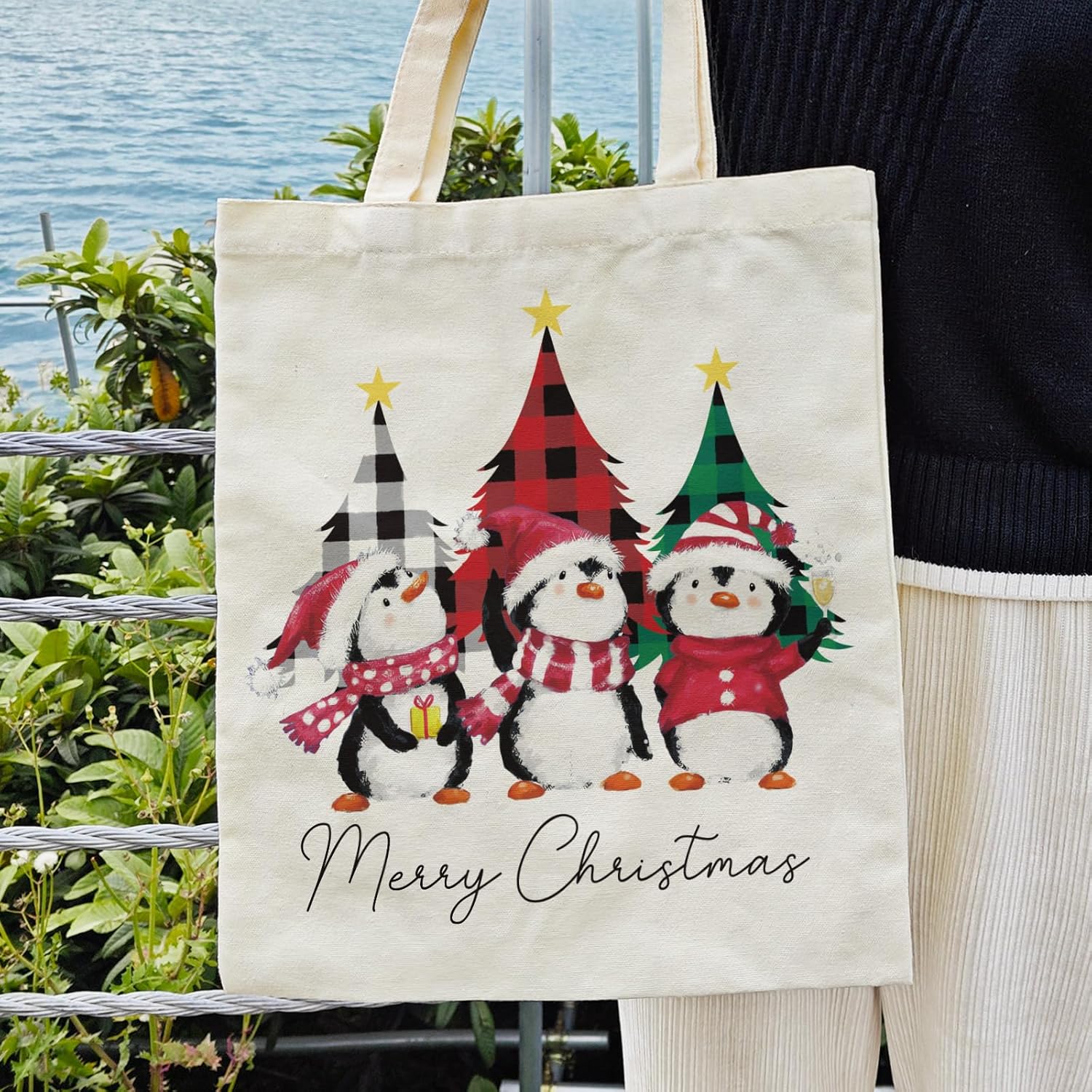 Christmas Penguin Canvas Tote For Women - Aesthetic Merry Christmas Cute Shopping Grocery Beach Bag - Gifts For Women, Teacher, Reusable
