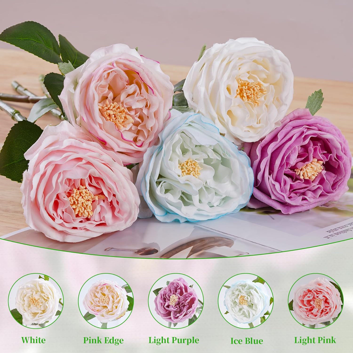 3.5'' Larger Bloom White Roses Artificial Flowers,6 Pcs Latex Fake Austin Rose Real Touch Flowers For Bridal Bouquet Home Wedding Table Centerpieces Birthday Decor