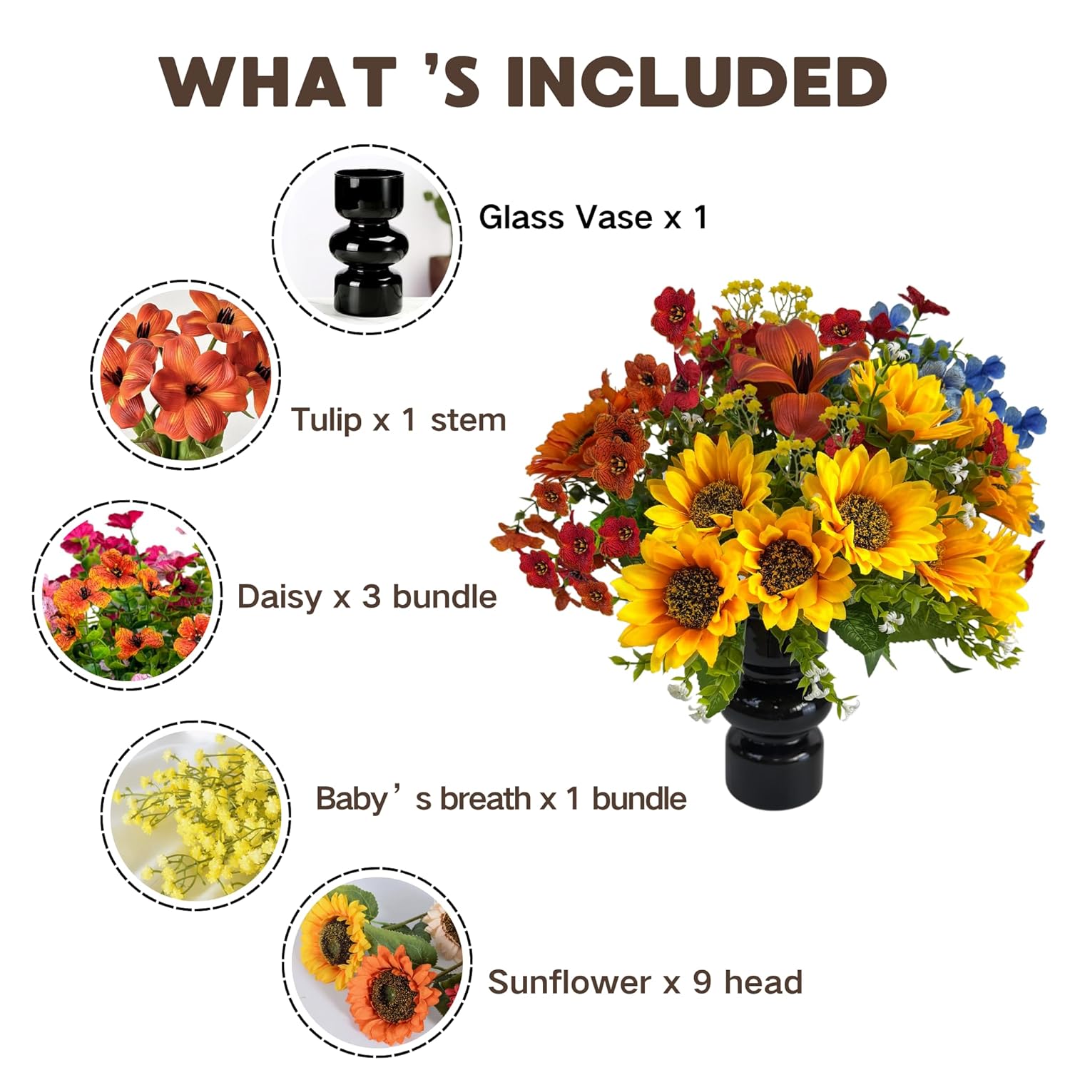 Fake Flowers With Vase, Sunflowers Artificial Flowers For Spring Summer, Faux Flowers In Vase For Centerpiece Table Decorations, Fake Plant Silk Floral Arrangements For Home Coffee Kitchen Table Decor