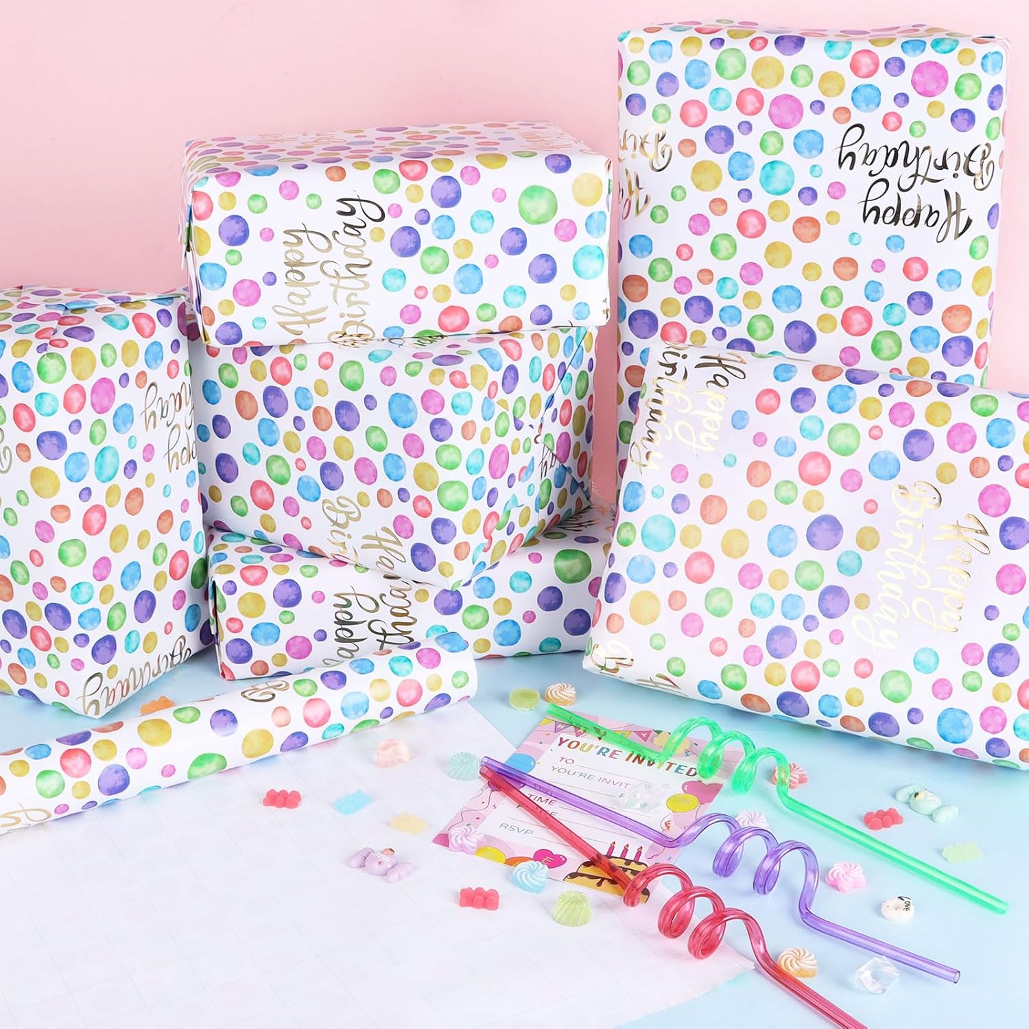 Birthday Wrapping Paper Roll,Colourful Paper With Polka Dot Gold Happy Birthday And Cut Lines On Reverse(17In×33Ft Roll)