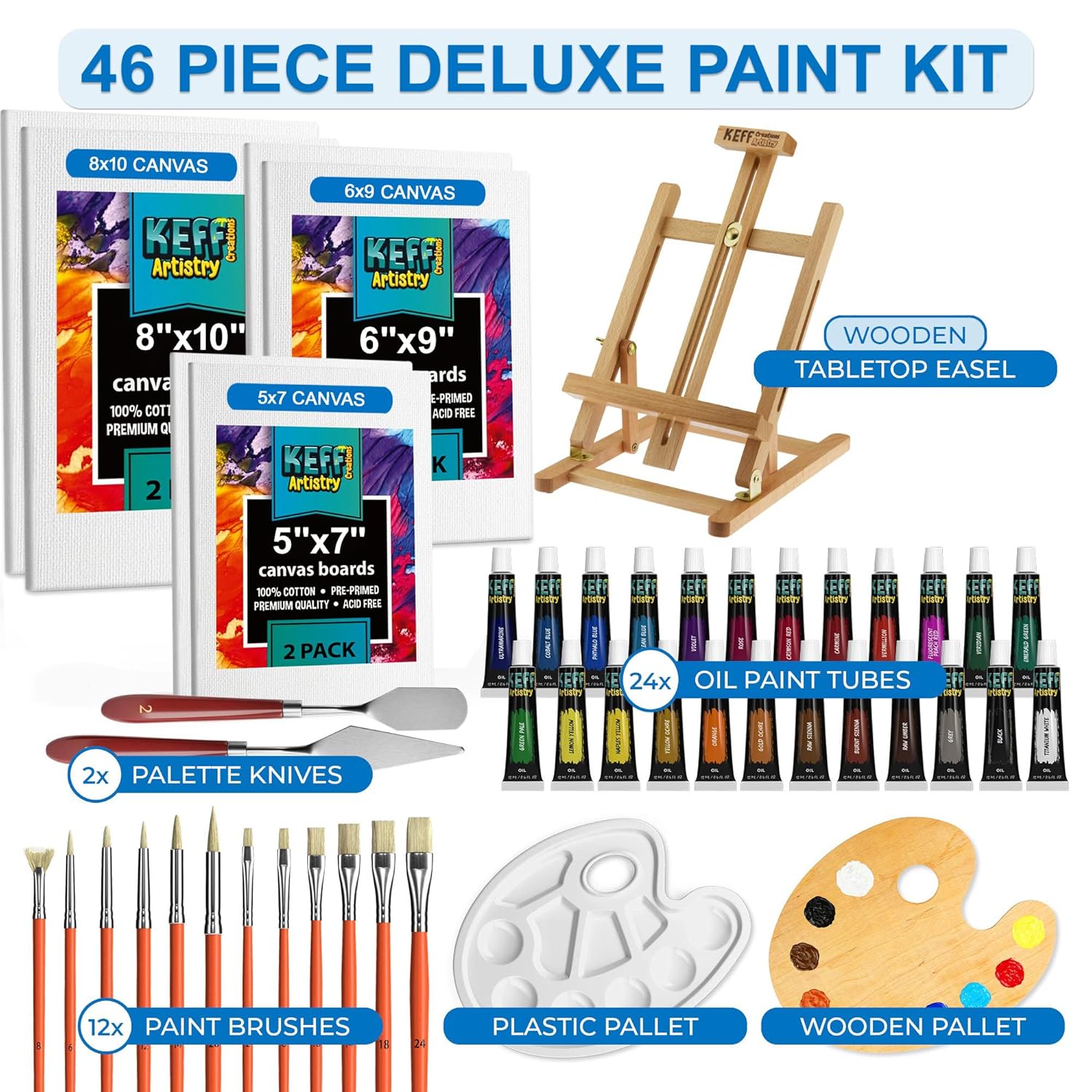 Oil Paint Set For Adults And Kids - Art Supplies Painting Kits With 24 Oil Paints, Stretched Canvas, Art Easel, Brushes, Palette, Knives And Paper Pad