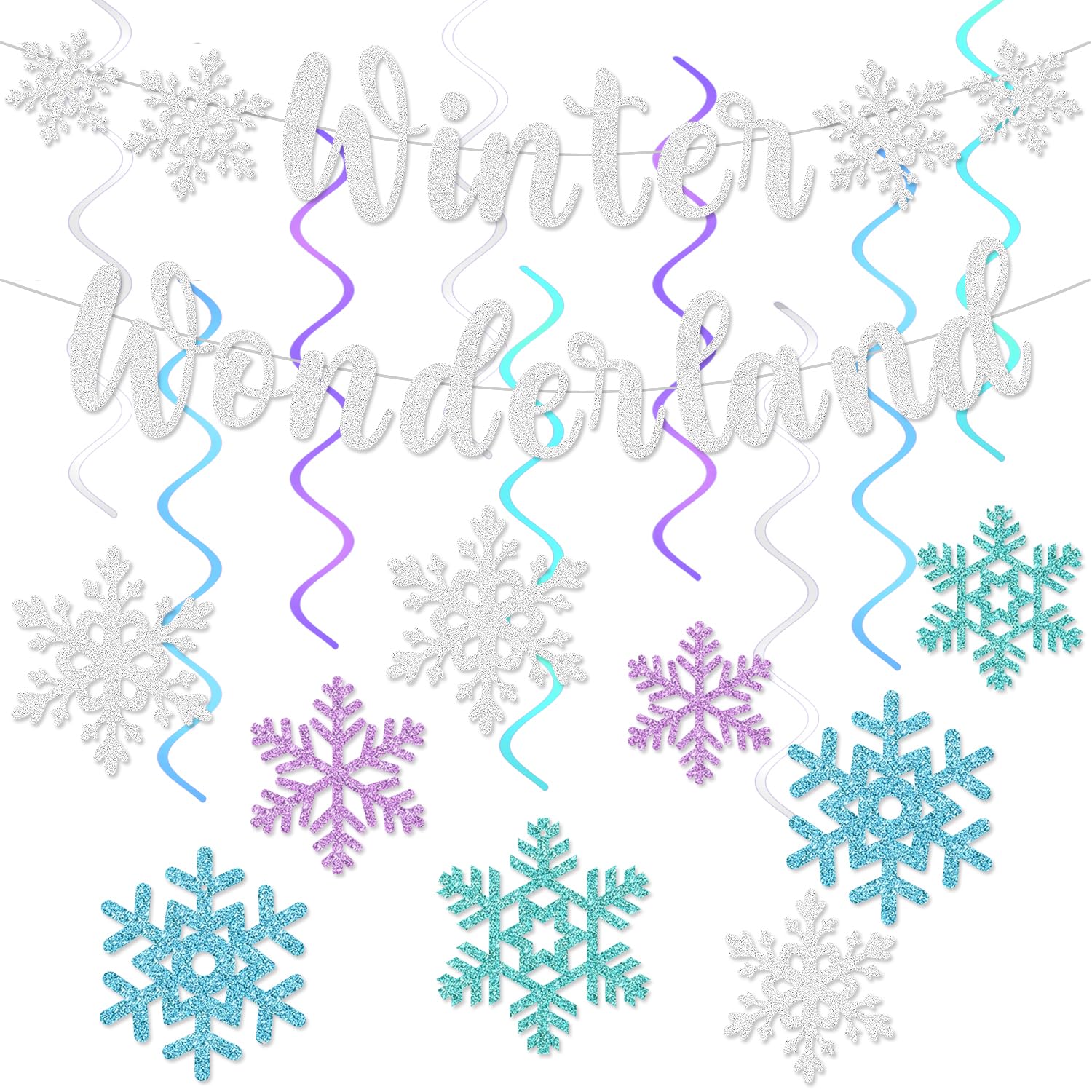 Winter Wonderland Banner, Glittery Snowflake Hanging Swirls, Christmas Decorations Winter Wonderland Garland For Winter New Year Baby Shower Winter Birthday Party Decorations