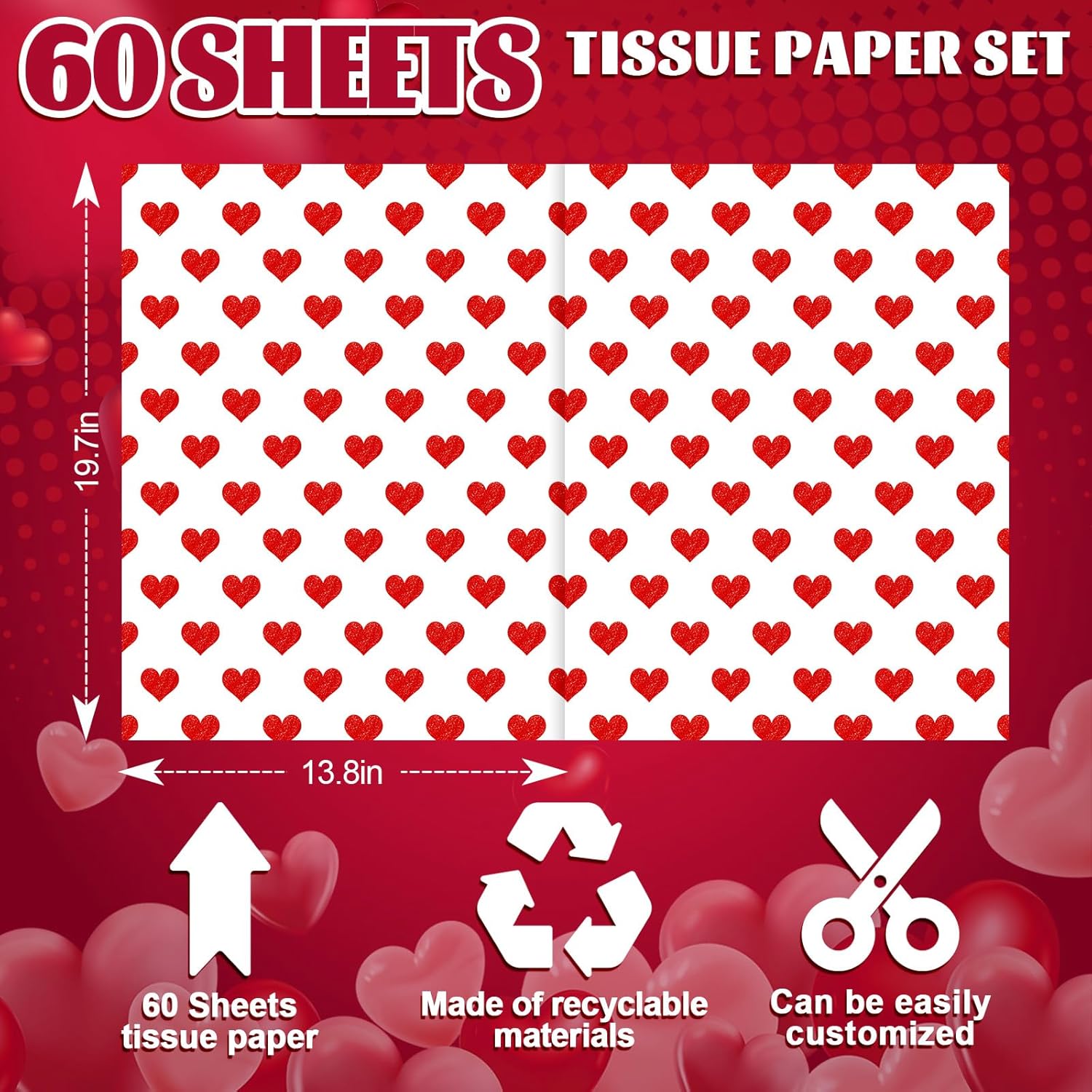 60 Sheets Valentine Heart Tissue Paper Foil Red Love Heart Gift Wrapping Paper For Diy Art Craft Wedding Anniversary Party Decor, 13.8 X 19.7 Inch