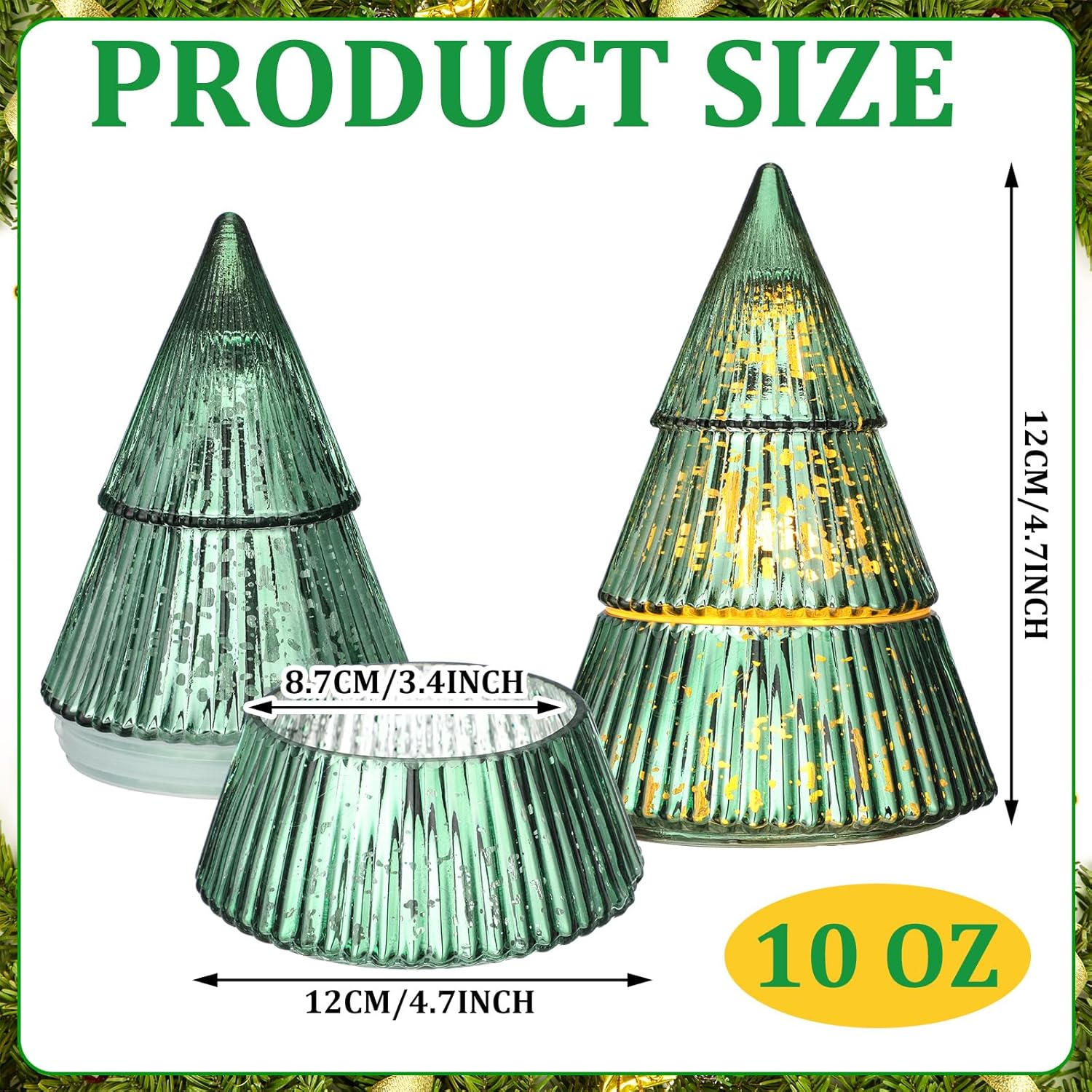 3 Pcs 10 Oz Christmas Tree Glass Candle Jars Mercury Glass Tree Decorative Xmas Empty Green Containers Bulk Refillable Storage For Christmas Holiday Candle Making Tea Biscuits Party Favors