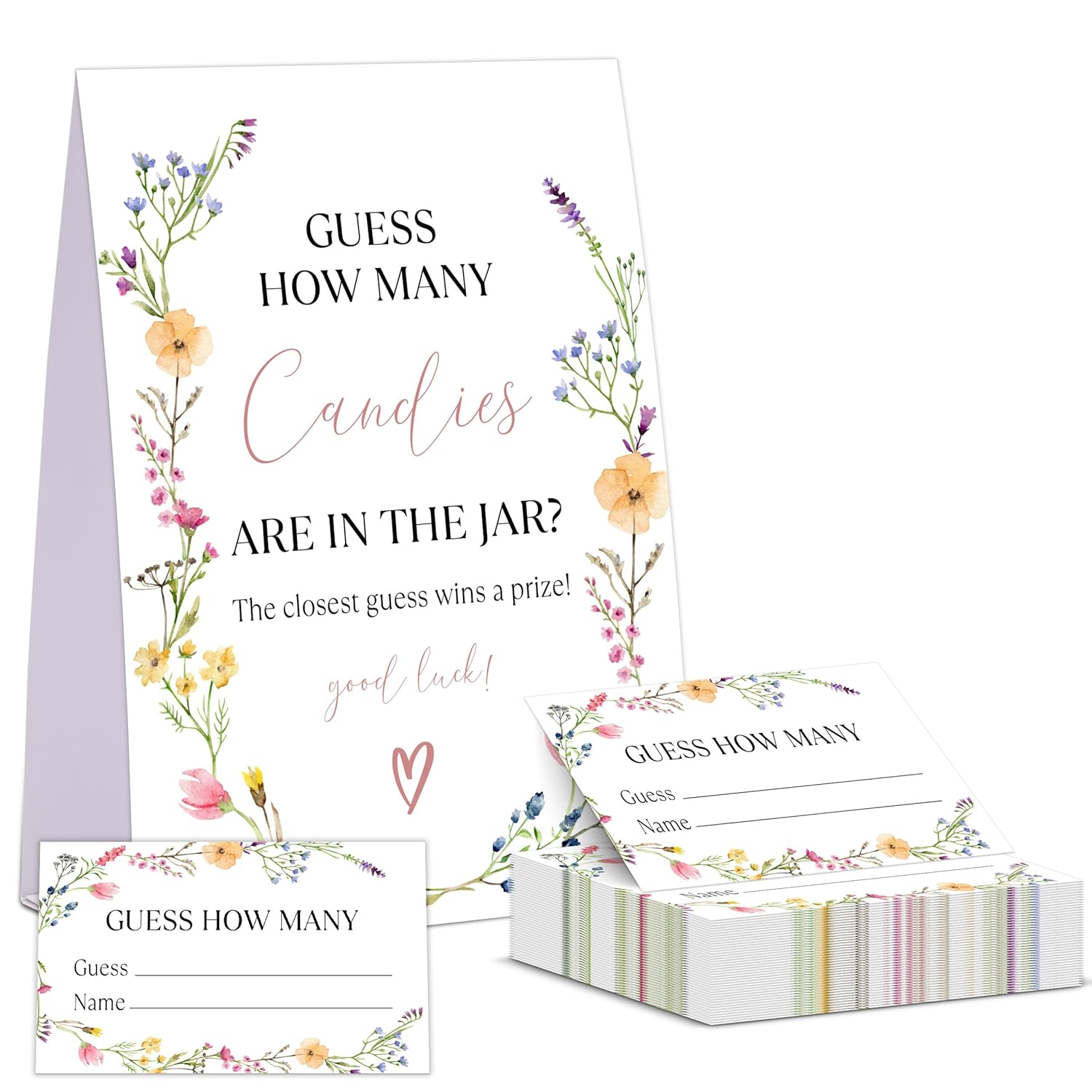 Boho Wildflowers Baby Shower Game, Guess How Many Candies Are In The Jar, Pack Of 1 Sign And 50 Guessing Cards, Baby Shower Decoration, Gender Neutral - 07