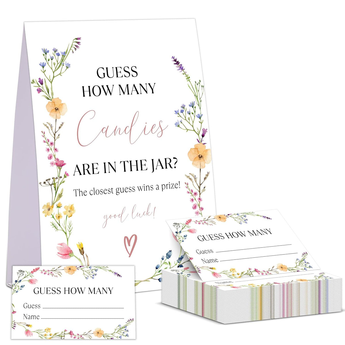 Boho Wildflowers Baby Shower Game, Guess How Many Candies Are In The Jar, Pack Of 1 Sign And 50 Guessing Cards, Baby Shower Decoration, Gender Neutral - 07