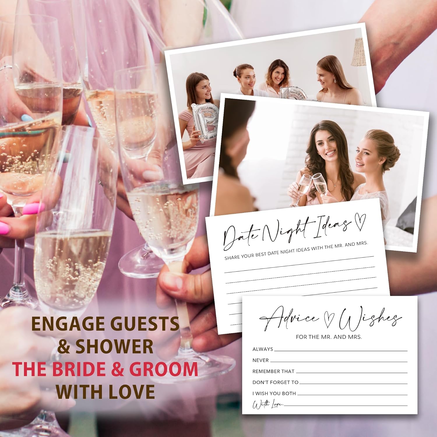 Minimalism Advice And Wishes For The Mr And Mrs - 50 Packs Wedding Advice Cards Bridal Shower Game Cards With Box Reception Guest Book For Bride Groom Newlywed Engagement Party Decoration -A01