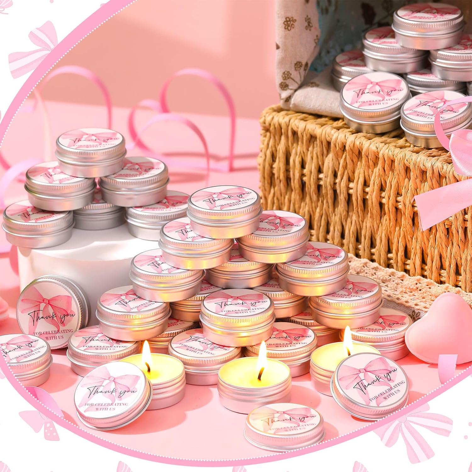 50 Pcs Bow Baby Shower Favors Scented Candles Gift Travel Tin Candle Aromatherapy Candle Favors For Baby Shower Wedding Gifts Compound Scent Essential Oil