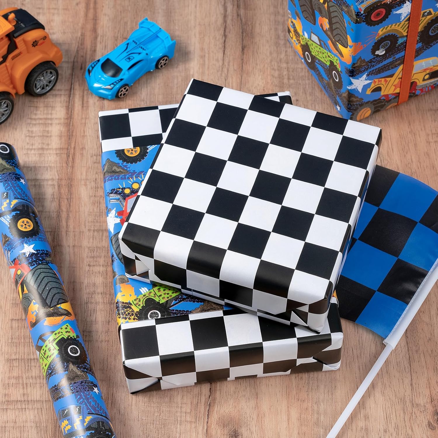 Reversible Monster Truck Wrapping Paper Roll, Mini Roll, Monster Truck And Checkered Design, Dark Blue Gift Wrap For Boys, Kids, Birthday Gifts, Themed Party And Holiday, 17 Inches X 16.4 Feet