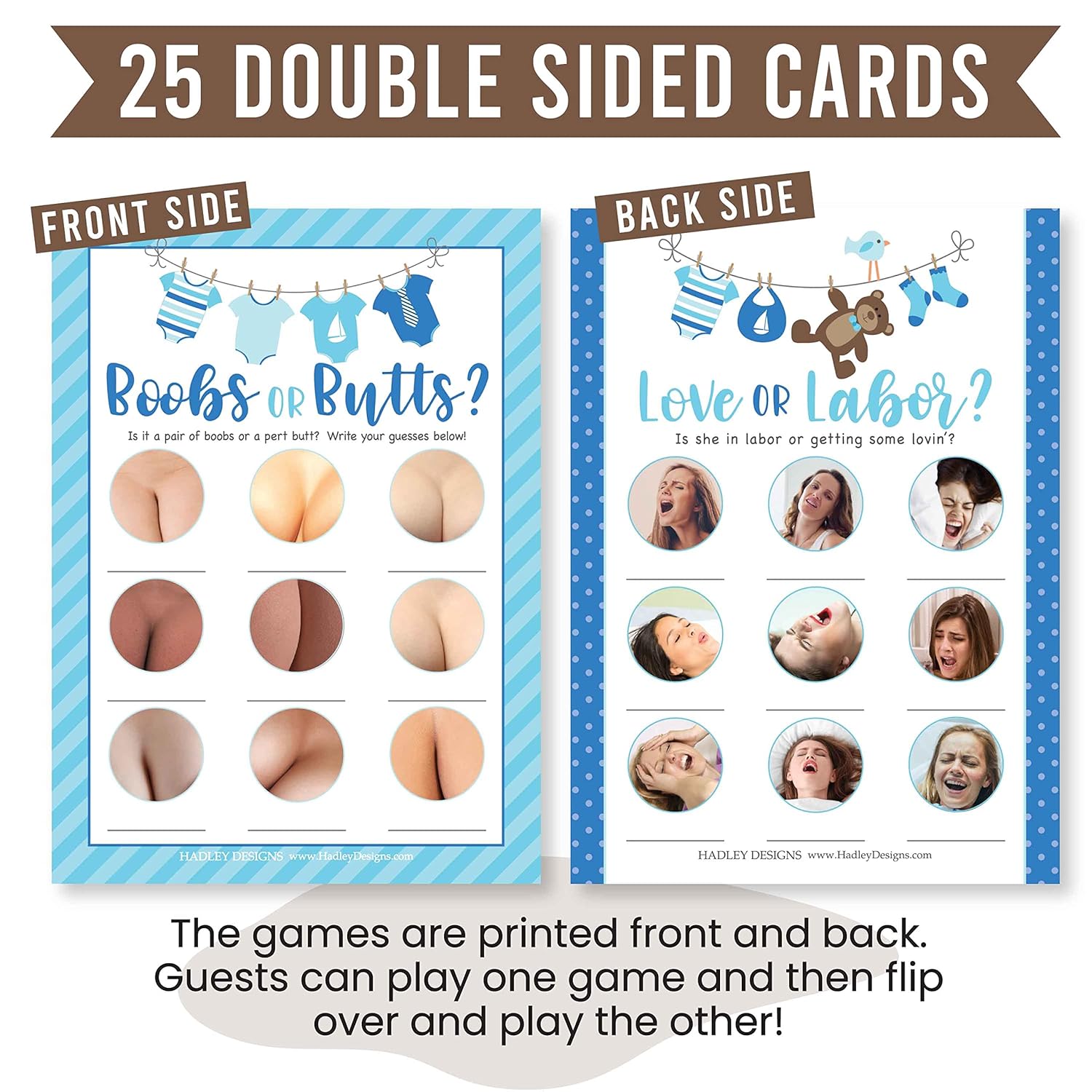 Blue Baby Shower Games For Boys-2 Games Double Sided, 25 Love Or Labor Baby Shower Game, 25 Boobs Or Baby Butts Game, Boy Baby Shower Games Funny, Baby Shower Party Supplies