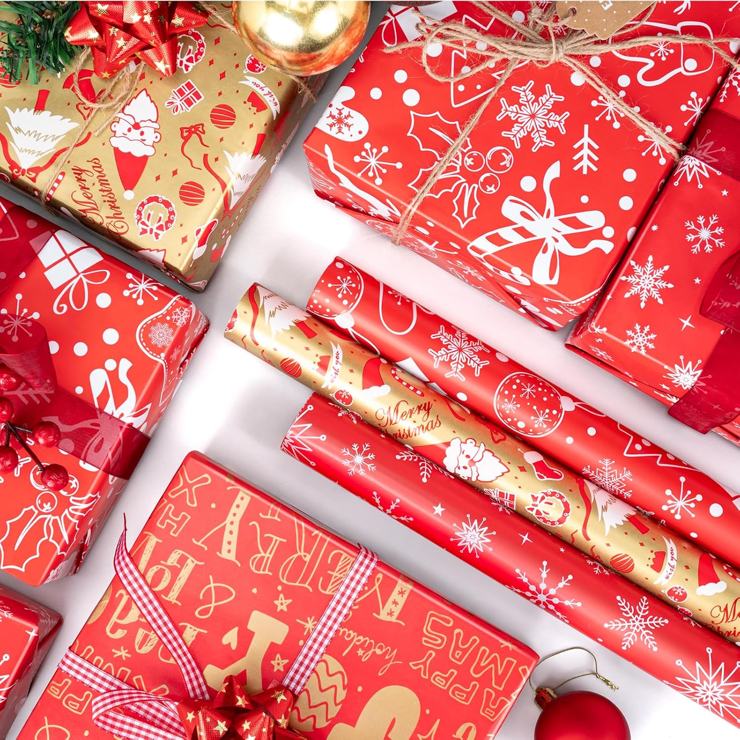Small Christmas Gift Wrapping Paper Rolls,3 Rolls 17Inches X 198Inches Reversible Gift Wrapping Paper, Red Gold White Wrapping Paper, Snowflakes, Stripes, Plaid, Santa Hat, Christmas Decorations