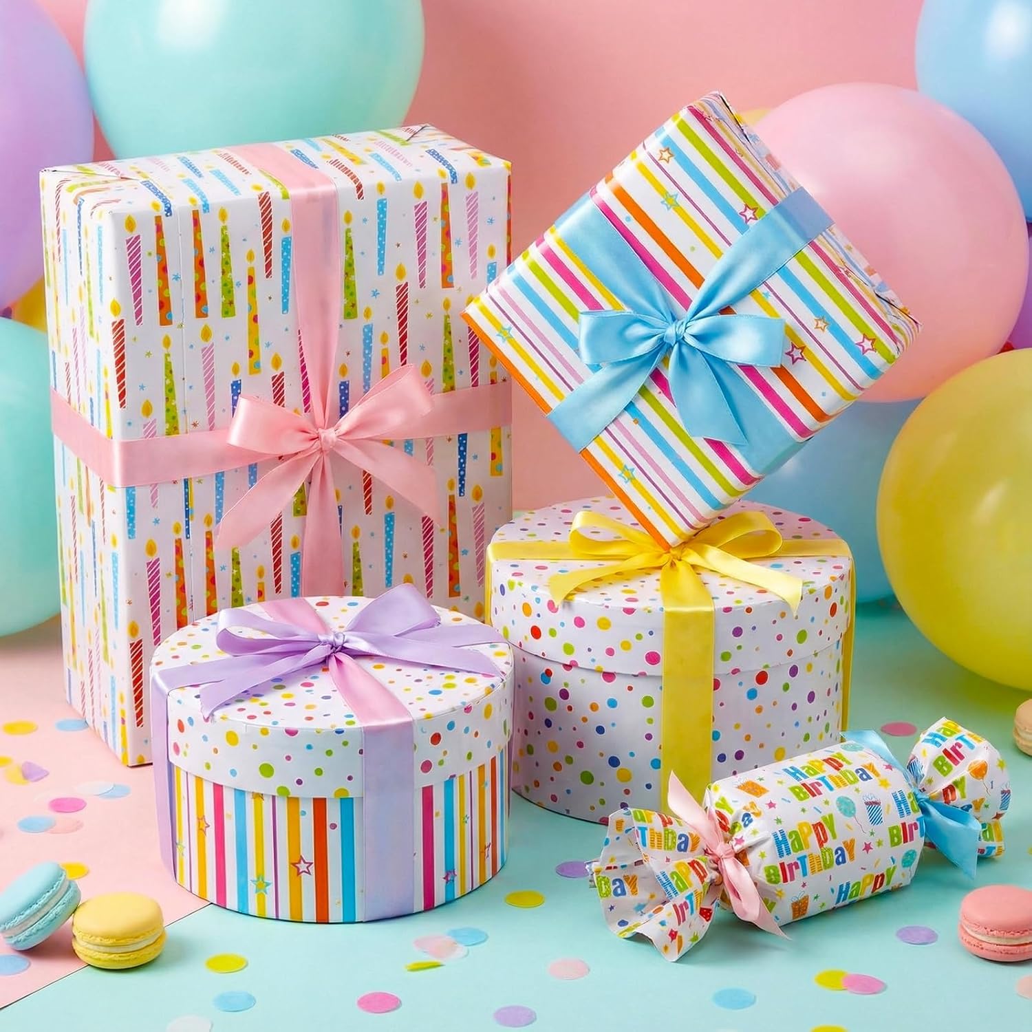 Birthday Wrapping Paper Rolls Colorful Gift Wrapping Paper With Happy Birthday Lettering Candles Polka Dots Stripes Design For Party Baby Shower - 4 Rolls - 17 In X 120 In(10Ft) Per Roll