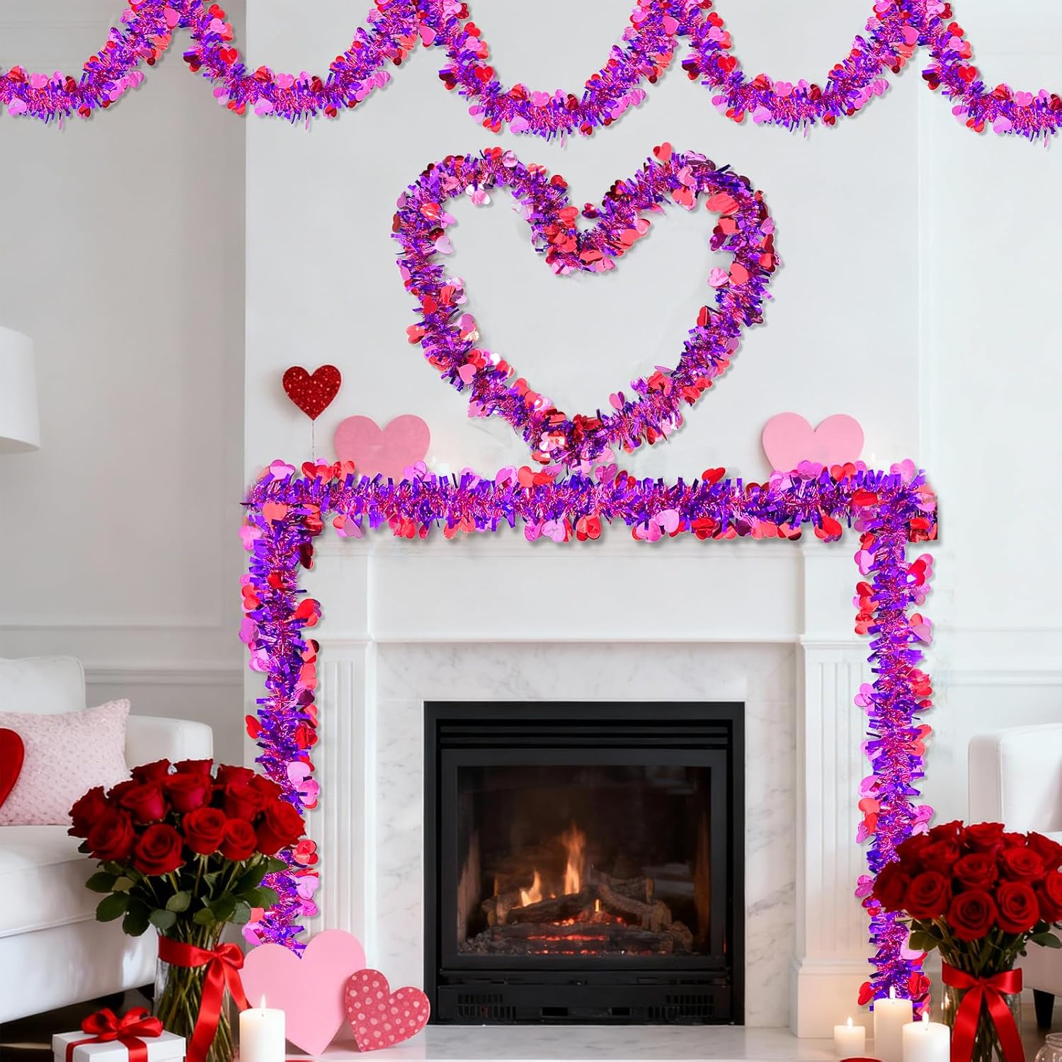 50Ft Valentines Day Garland - Purple Pink Red Heart Valentines Tinsel Garland, Metallic Valentine Day Garland Decor For Mantel, Tree, Valentine'S Day Decorations For Home (Purple)