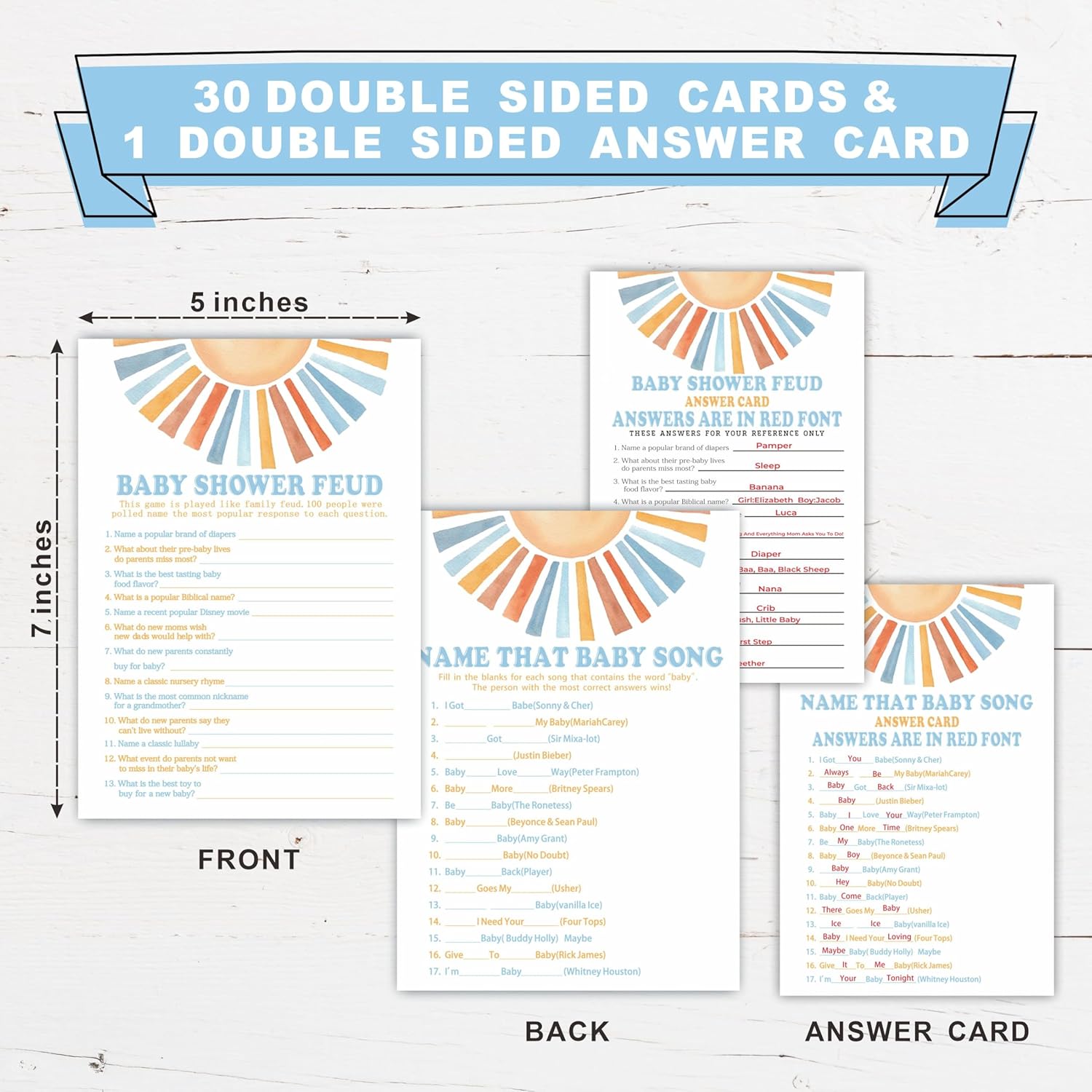 Baby Shower Feud & Name That Baby Song Theme Baby Shower Game Activities-Game Cards For Boys & Girls-30 Retro Sunshine Game Cards & 1 Answer Card-Baby Shower Party Supplies & Decorations-A05