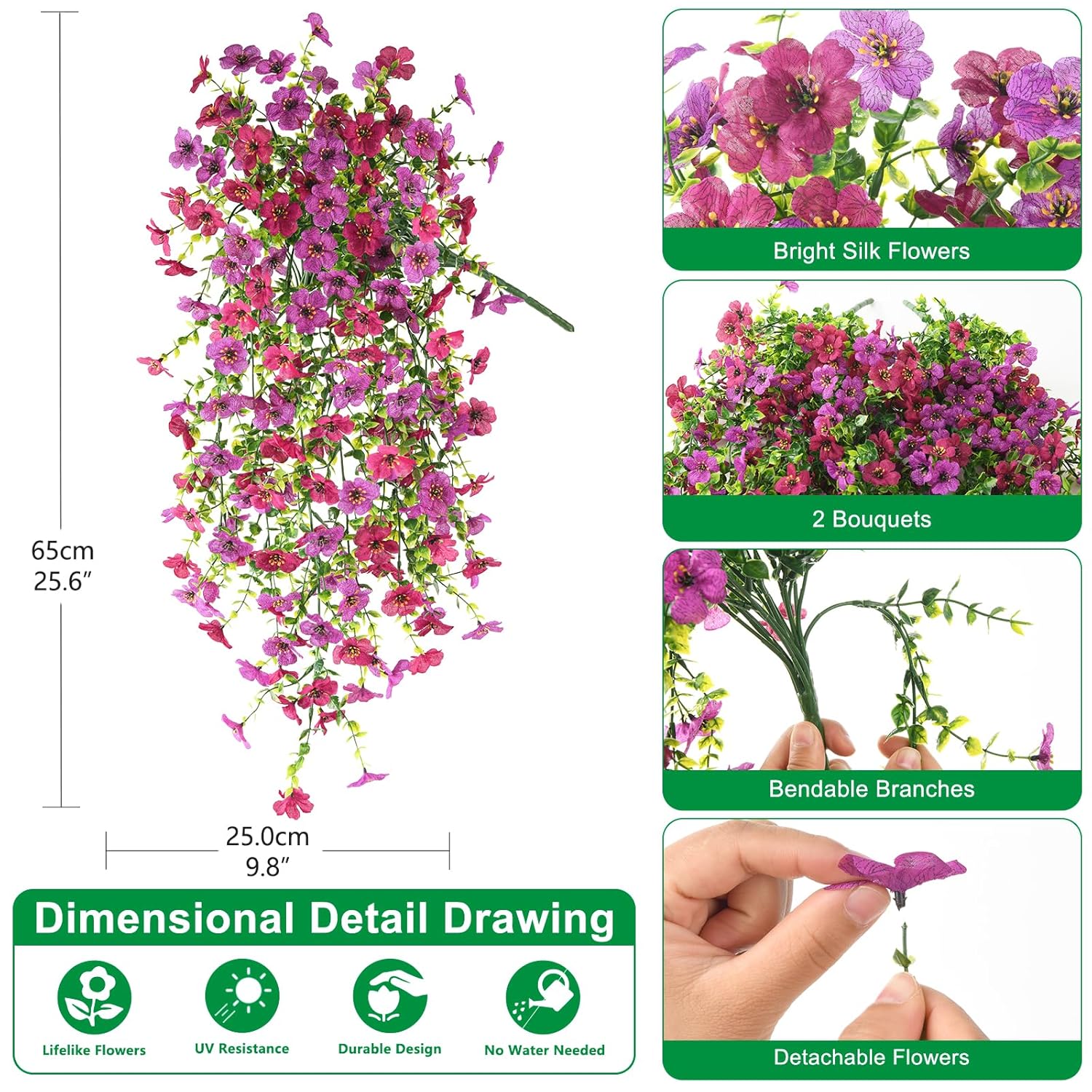 Artificial Hanging Flowers For Outdoor, 2Pcs Fake Flowers Faux Silk Daisy With Eucalyptus Leaves, Uv Resistant Aritificial Flowers For Spring Home Patio Yard Porch Decor (Light Purple Red)
