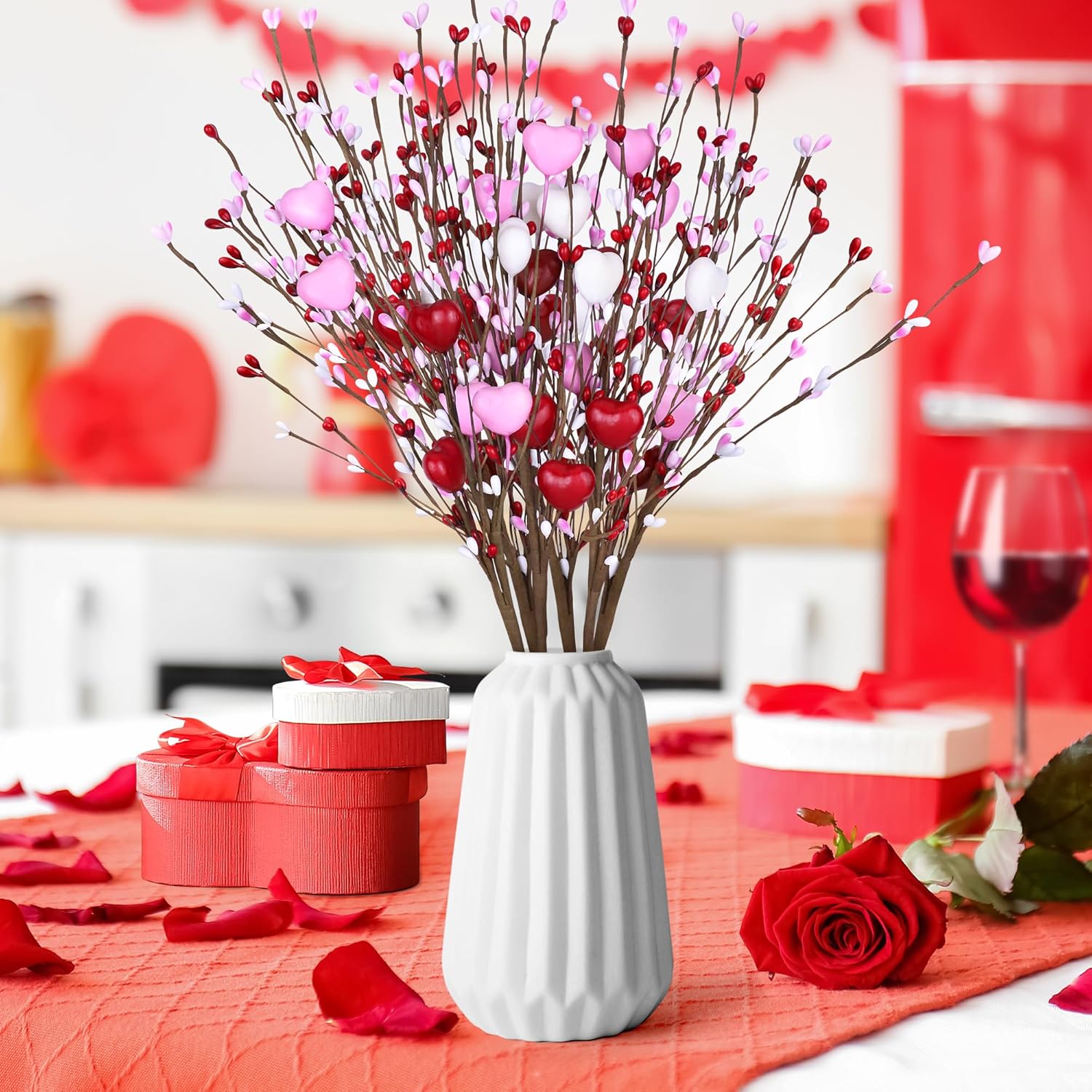 Valentines Day Decorations Artificial Heart Flowers Berry Stems Gifts, 6 Packs Red Pink White Heart Shaped Valentines Picks For Wedding Anniversary Vase Filler Valentine Decorations For Home Party