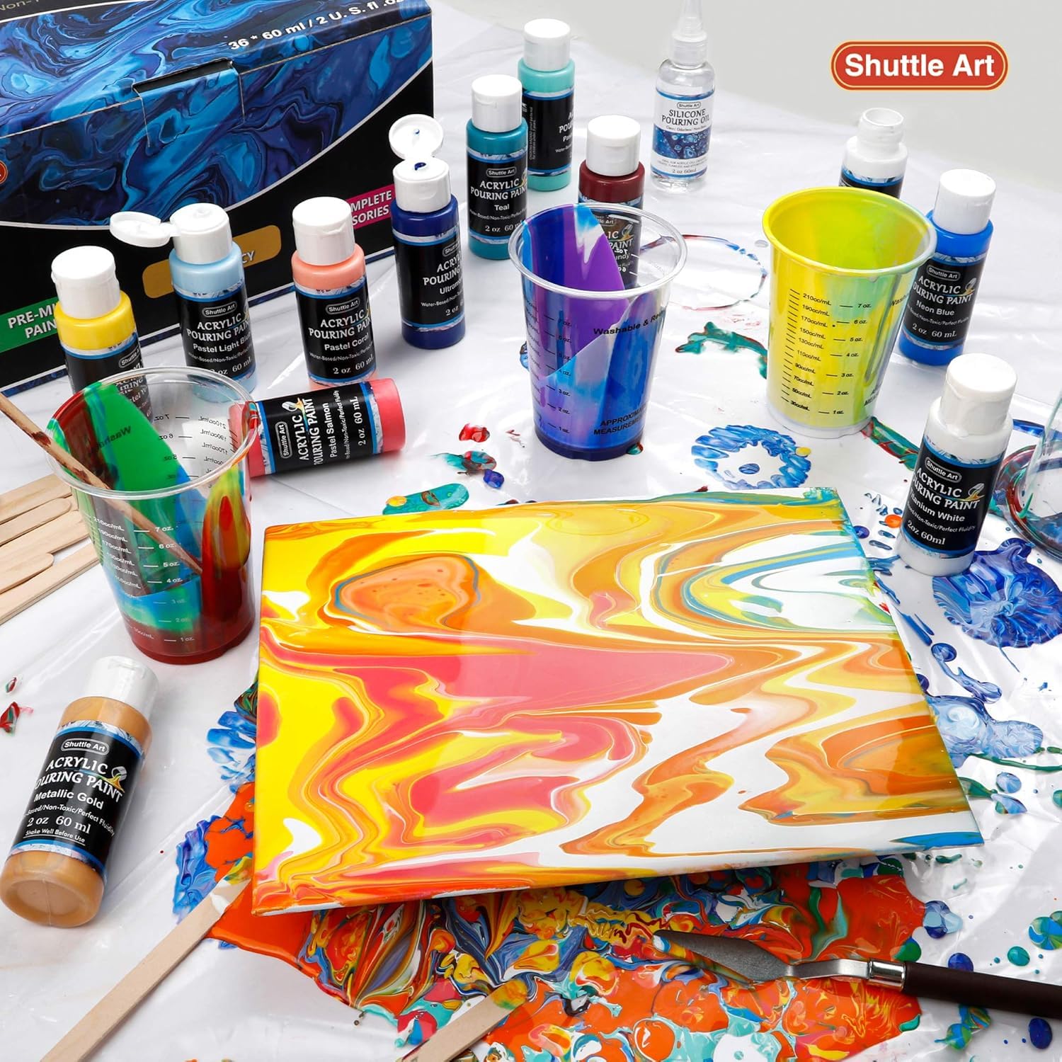 Acrylic Pouring Paint, Set Of 36 Bottles (2 Oz/60Ml) Pre-Mixed High-Flow Pouring Supplies With Canvas, Silicone Oil, Measuring Cups, Tablecloths, Complete Paint Pouring Kit