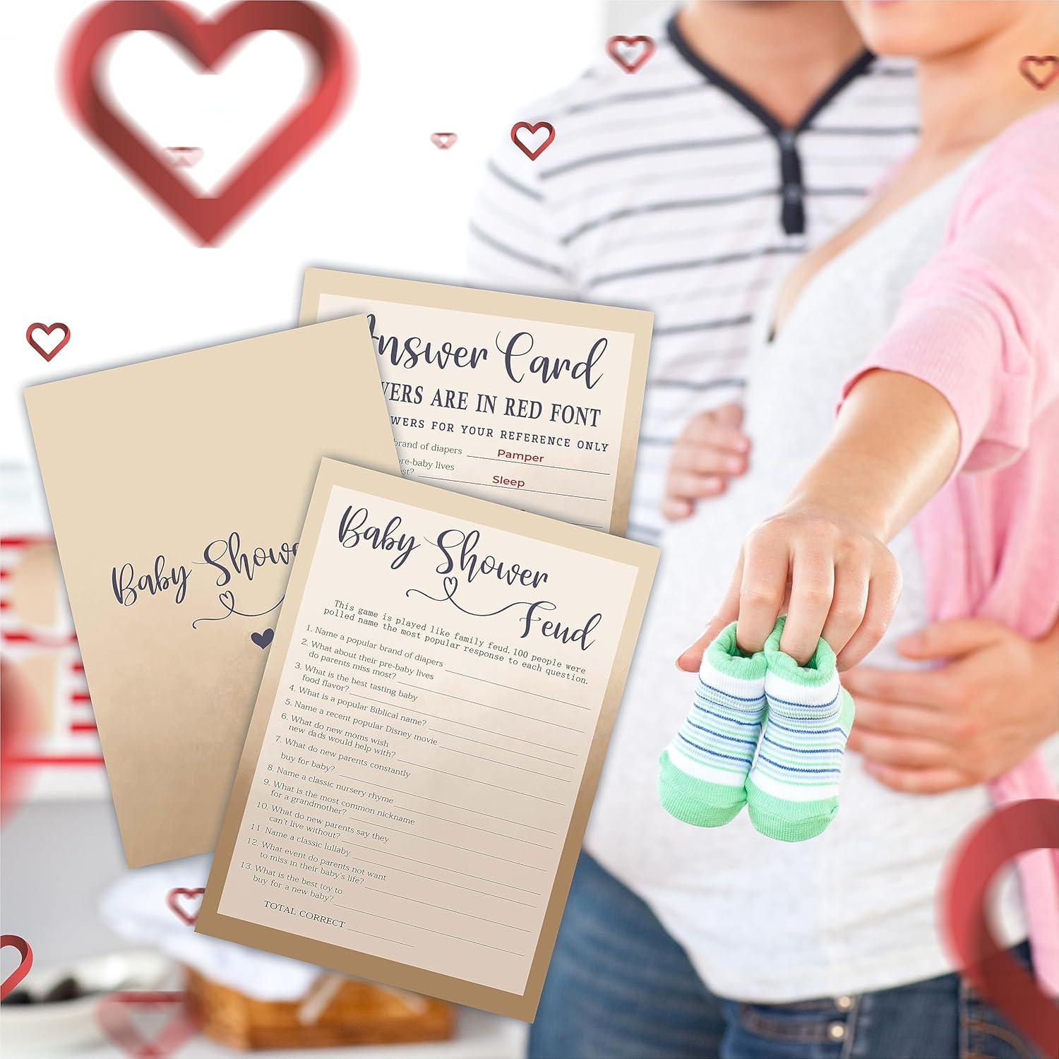 Family Feud Game Card For Baby Shower, 5"X 7" Khaki Double Sided Fill-In Game Set For Baby Boy Or Girl, 30 Cards & 1 Answer Card, Gender Reveal Games, Party Favor & Decorations - F5