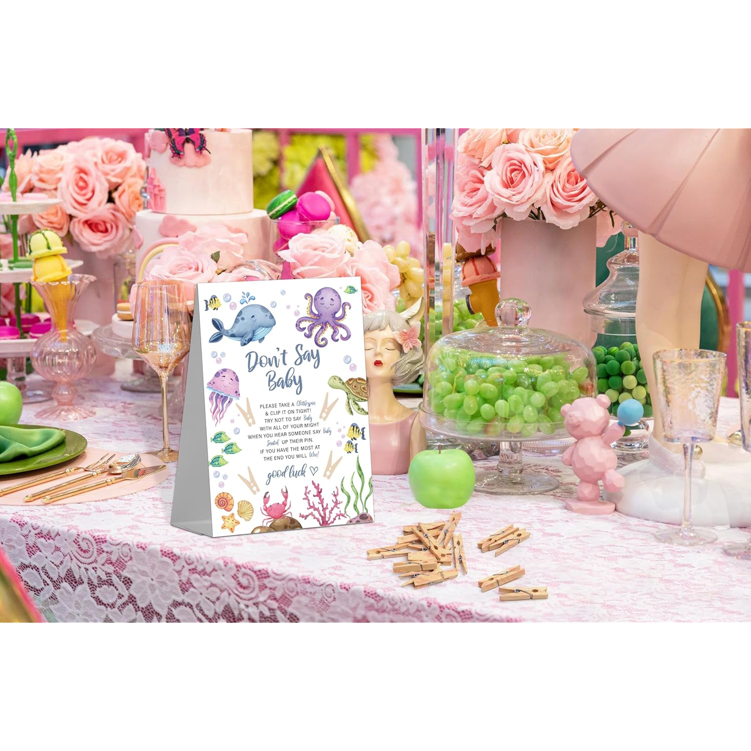Don'T Say Baby Game Sign For Ocean Under The Sea Shower (1 Sign + 50 Mini Clothespins) - Gender Reveal Party Decorations And Favors Supplies (Mq-1-9)