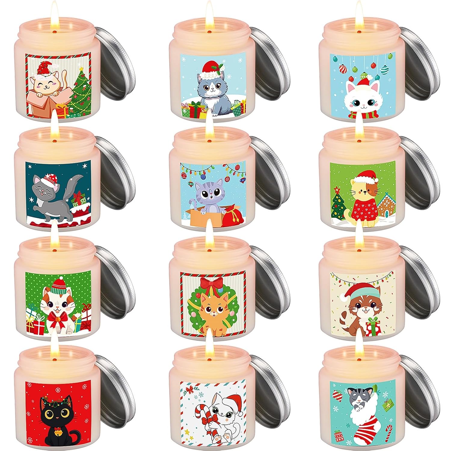 12 Pack Christmas Candles Set Christmas Scented Jar Candles Gifts Aromatherapy Soy Wax For Home Winter Holiday Stocking Stuffers Women Men Adults(Cat Style)