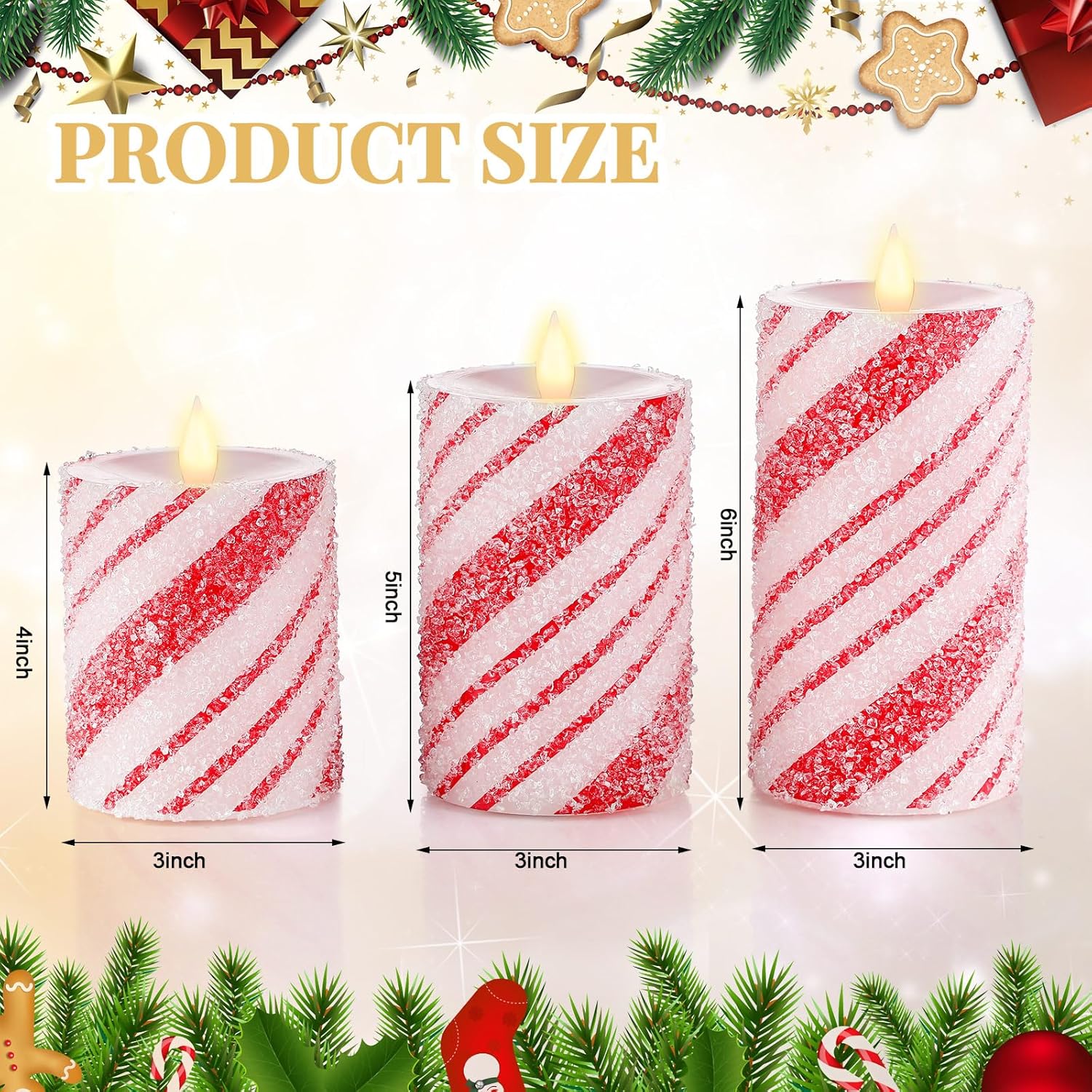 3 Pcs Christmas Flameless Pillar Candles Led Candy Cane Peppermint Stripe Red And White Glitter Battery Operated Candles For Xmas Holiday Centerpiece Home Party Decor
